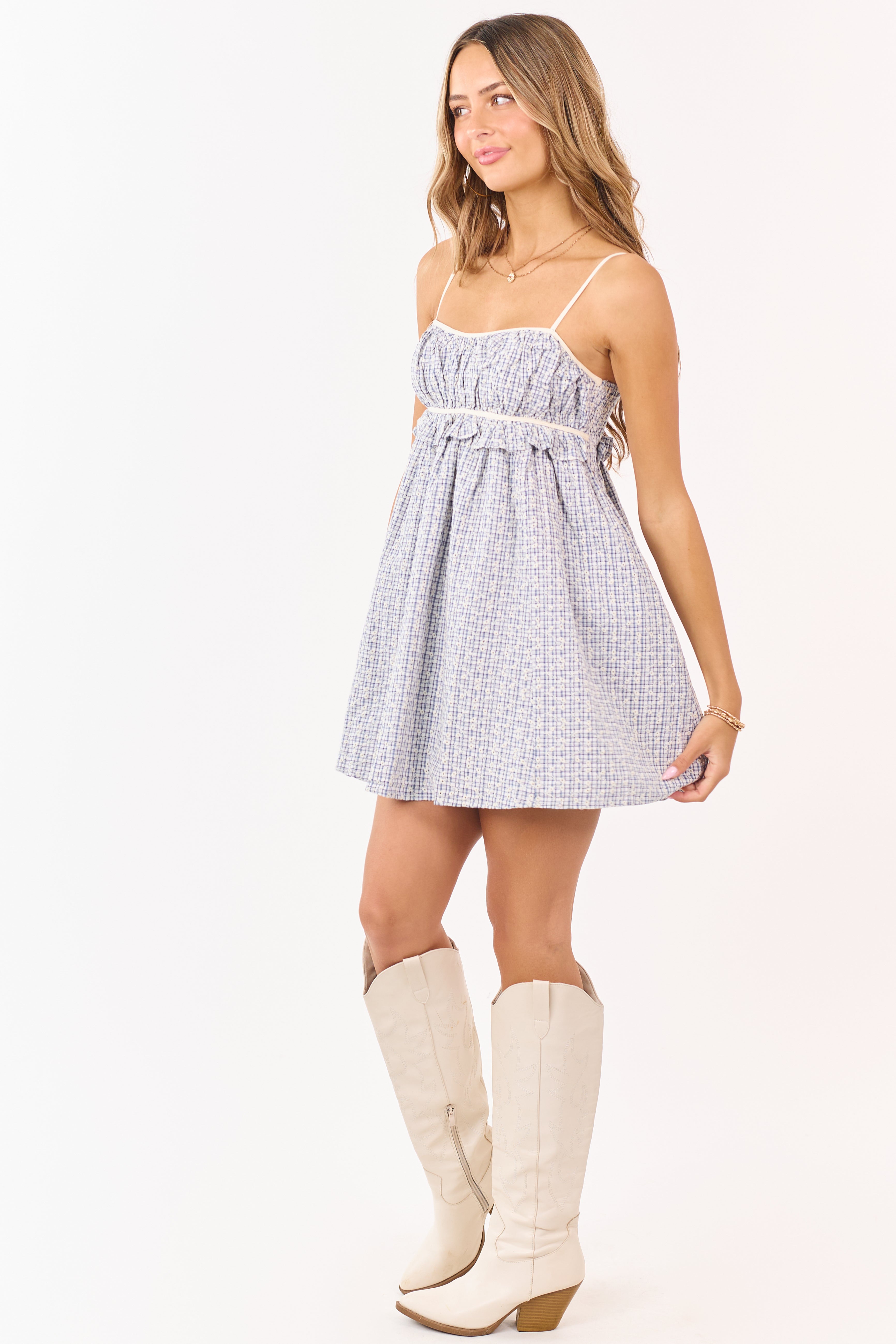 Cobalt and White Plaid Cotton Babydoll Mini Dress