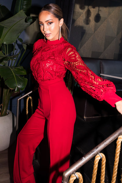 Coco Cranberry Crochet Bubble Long Sleeve Jumpsuit