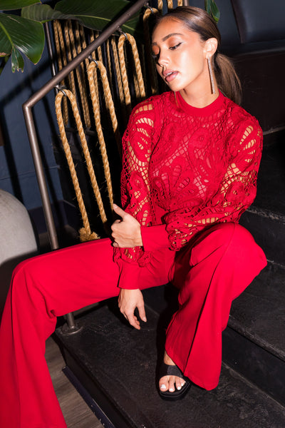 Coco Cranberry Crochet Bubble Long Sleeve Jumpsuit