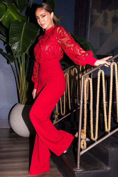 Coco Cranberry Crochet Bubble Long Sleeve Jumpsuit