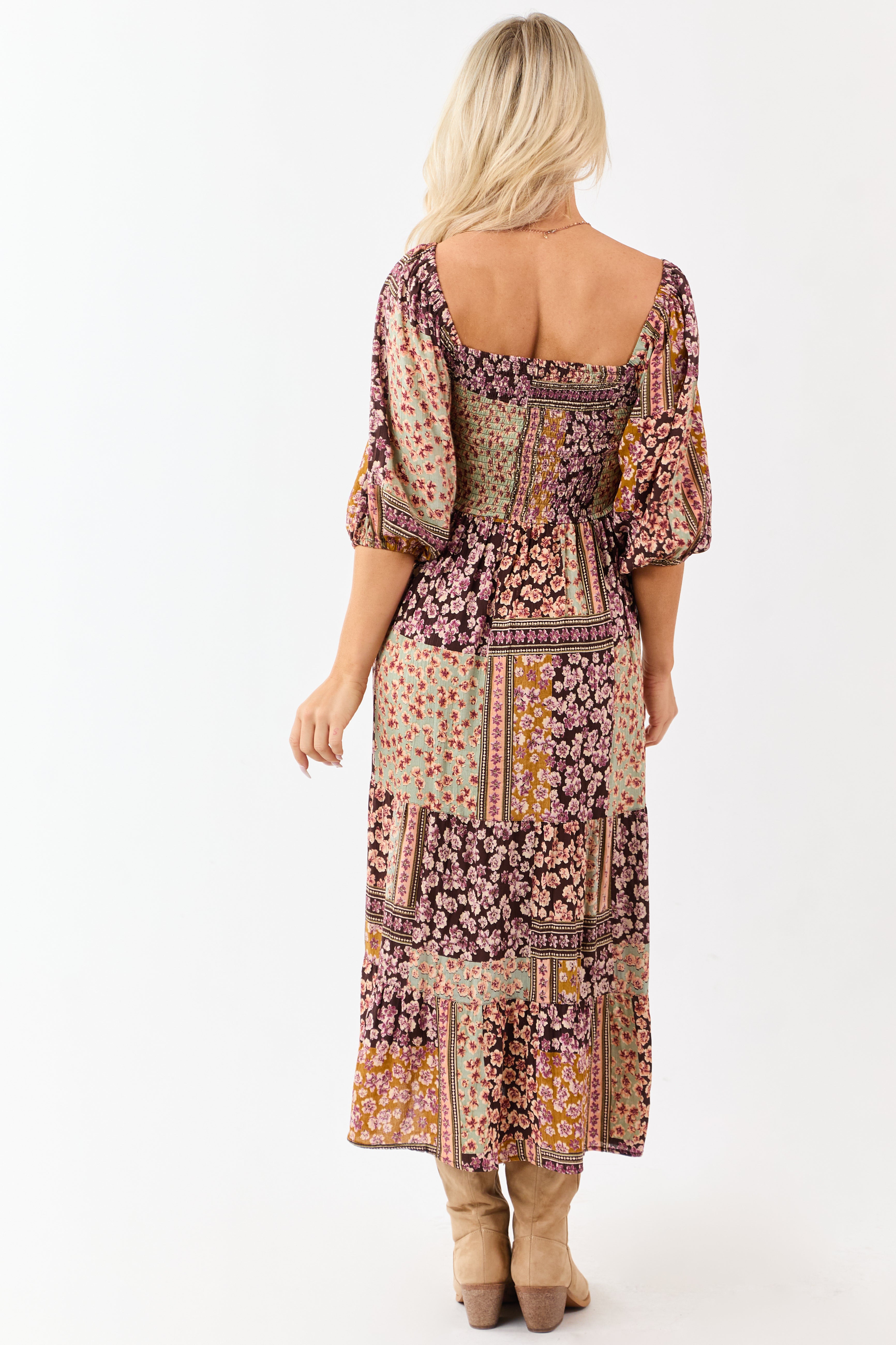 Cocoa Boho Floral Print Smocked Bodice Midi Dress