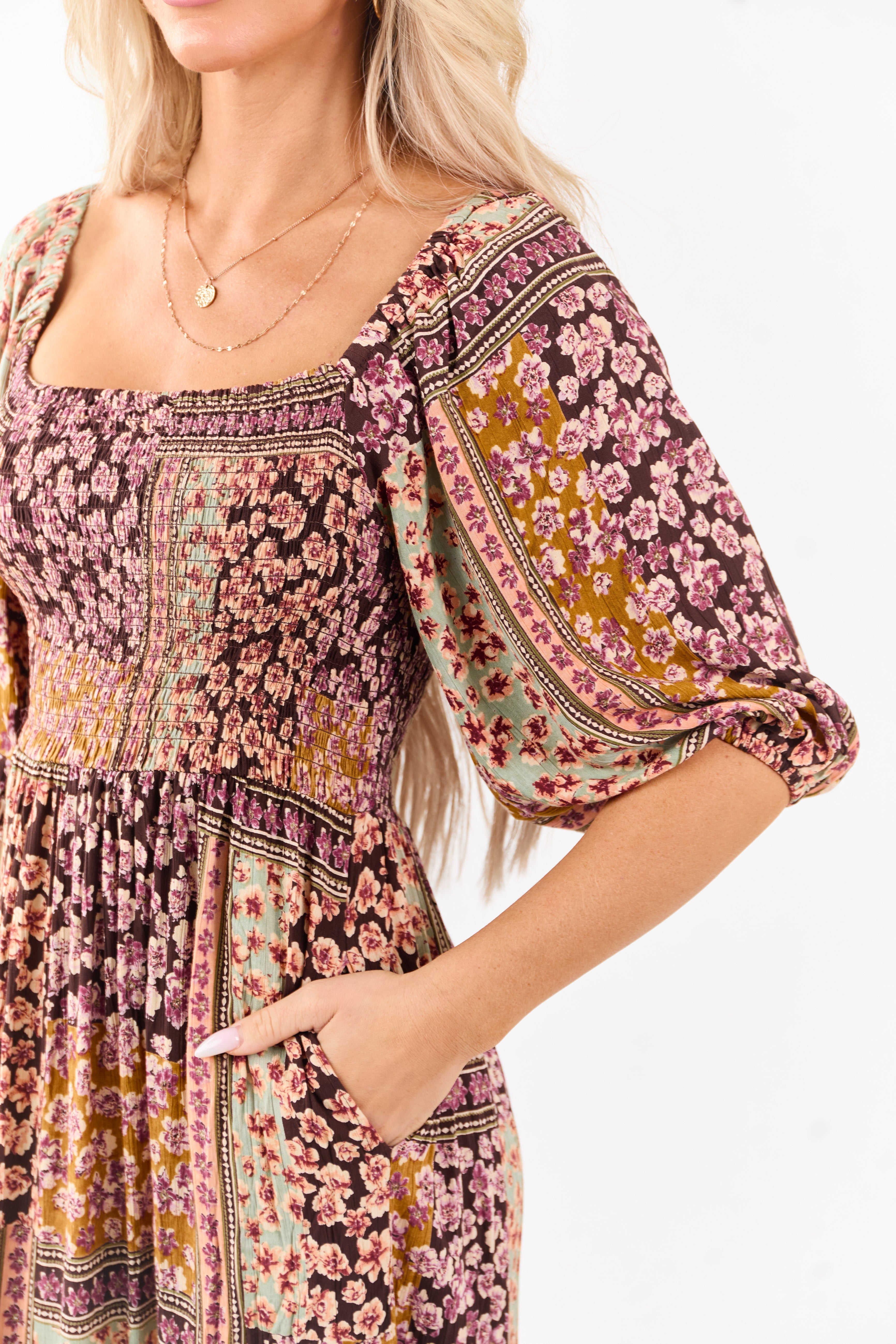 Angie Women's Cocoa Boho Floral Print Smocked Bodice Midi Dress - Size M Cocoa Boho Floral Print Smocked Bodice Midi Dress | Lime Lush Boutique