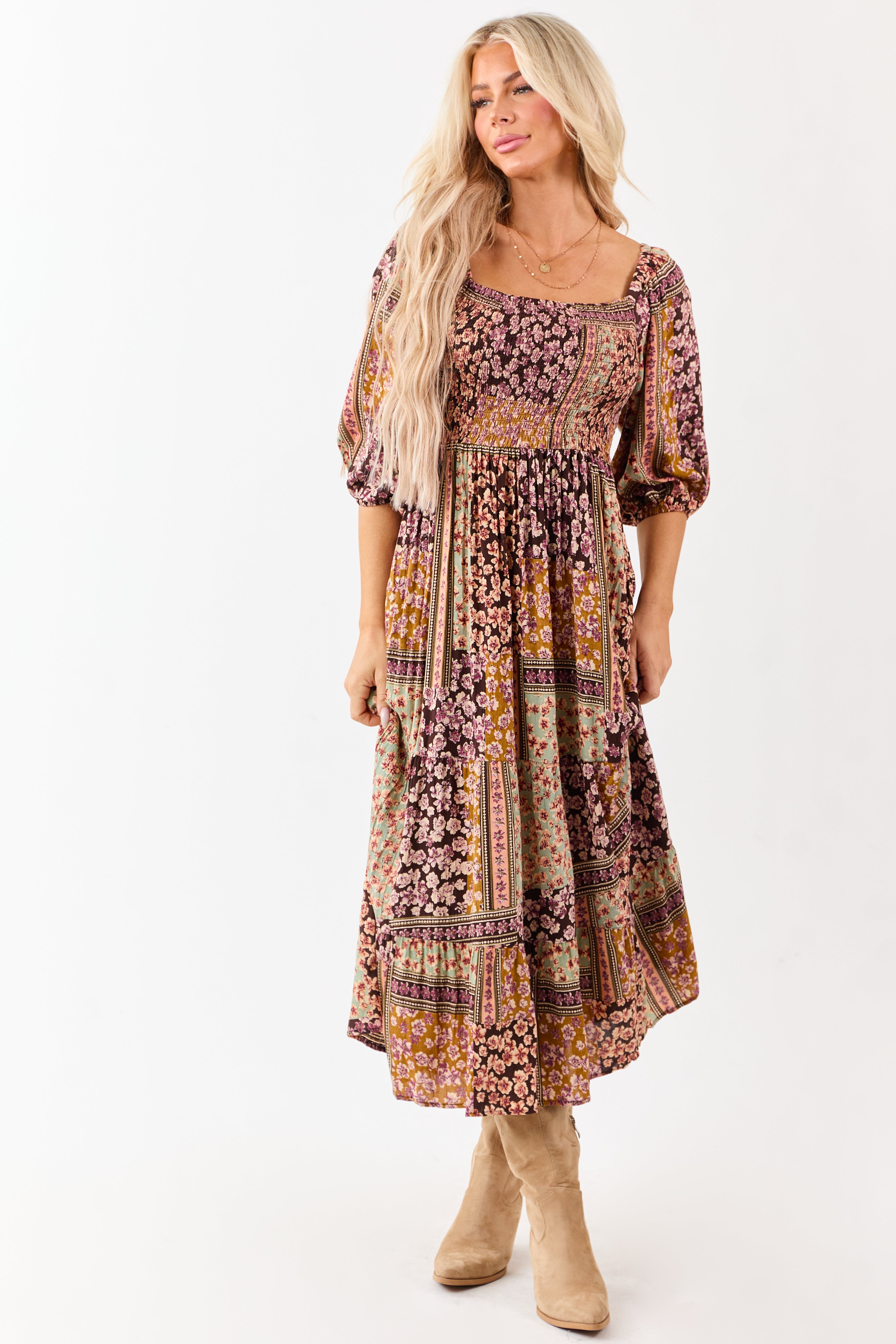 Cocoa Boho Floral Print Smocked Bodice Midi Dress