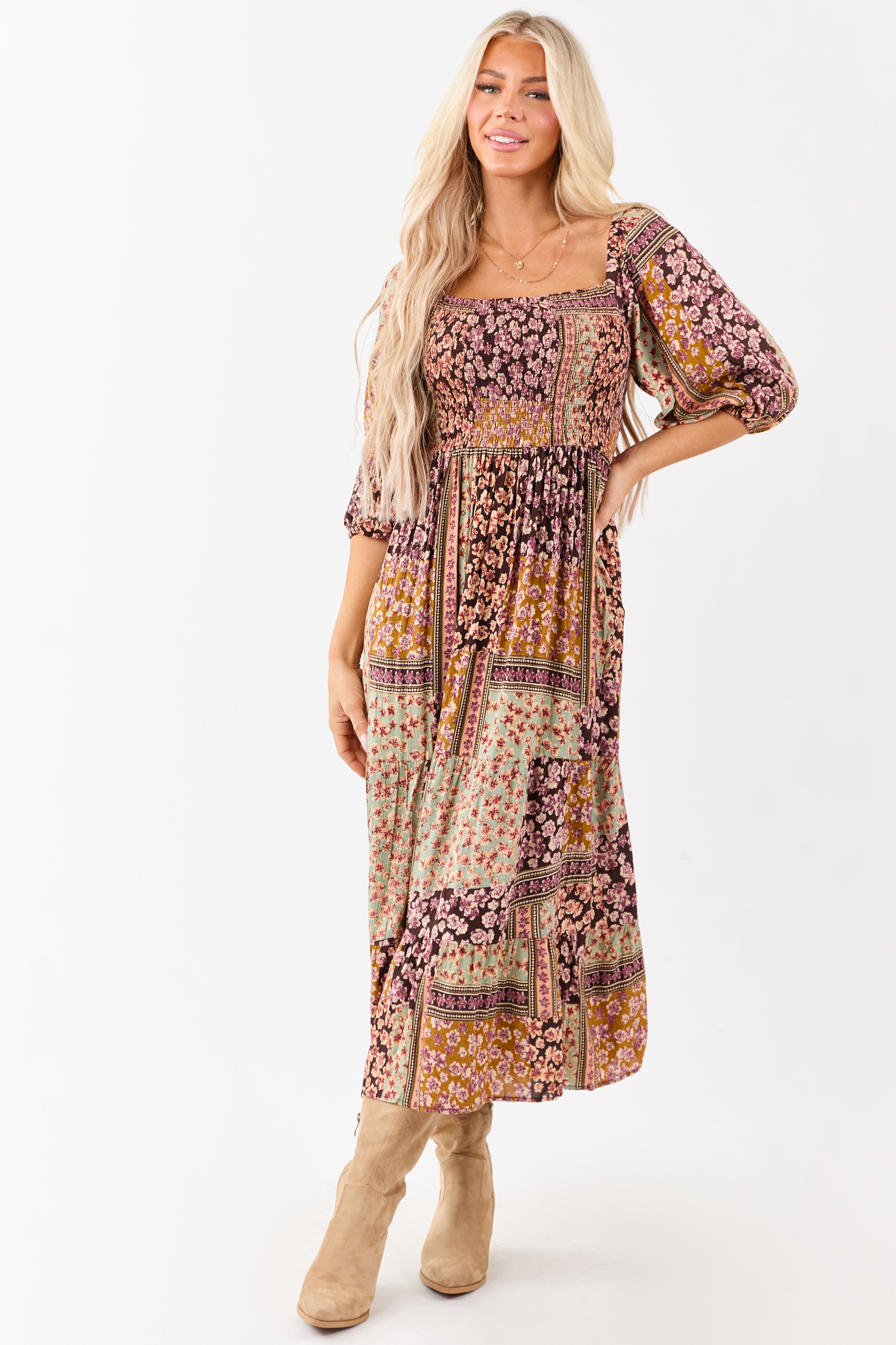 Cocoa Boho Floral Print Smocked Bodice Midi Dress