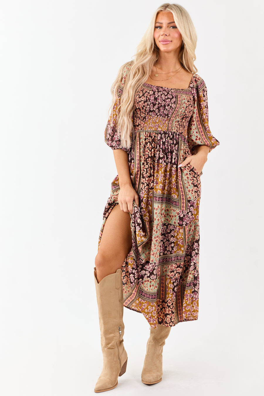 Cocoa Boho Floral Print Smocked Bodice Midi Dress