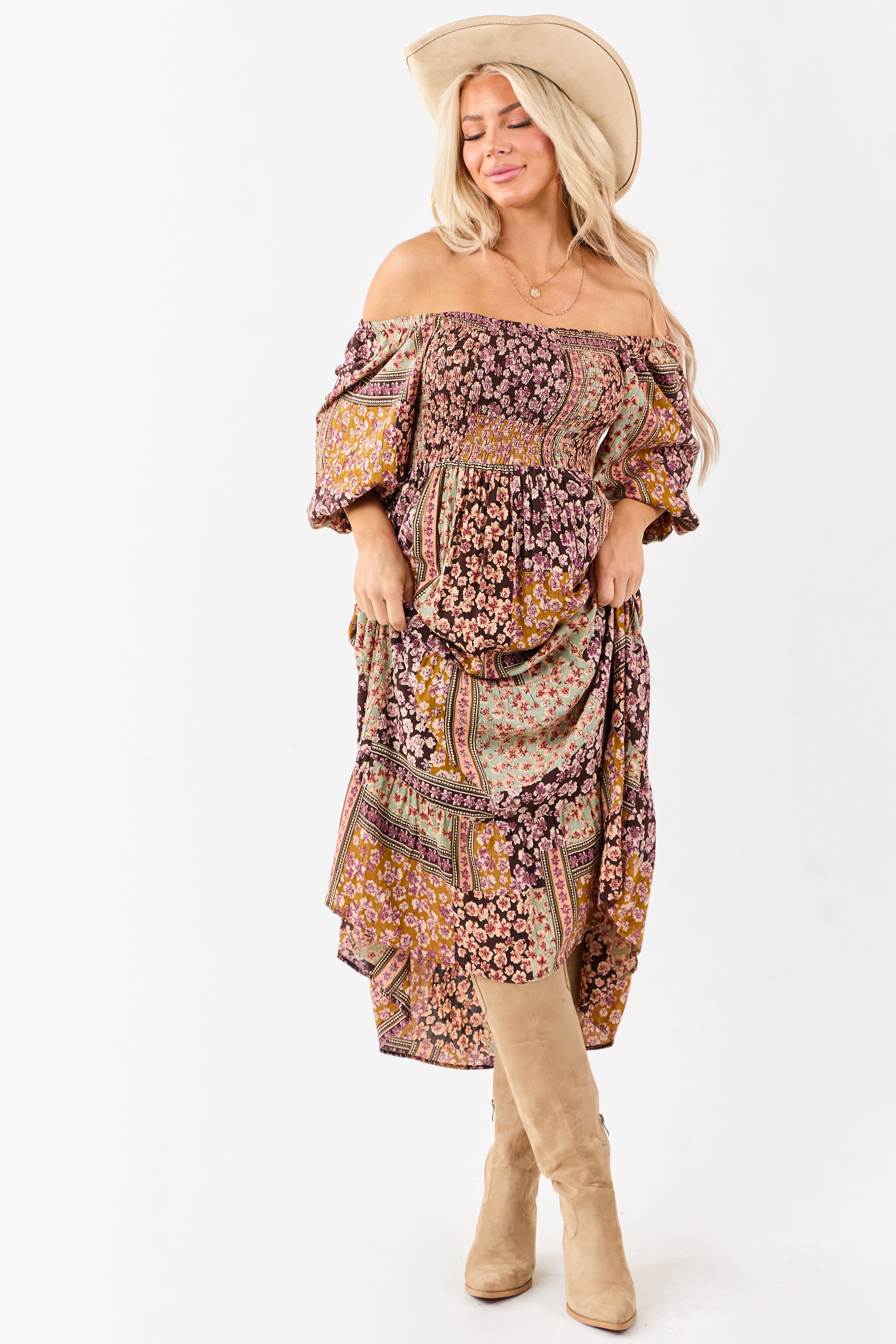 Cocoa Boho Floral Print Smocked Bodice Midi Dress