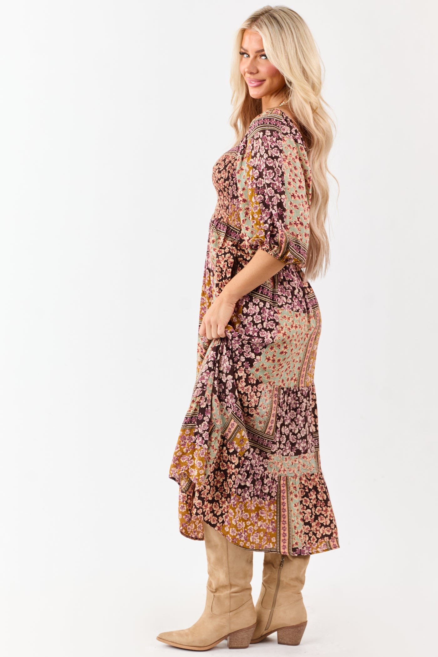Cocoa Boho Floral Print Smocked Bodice Midi Dress