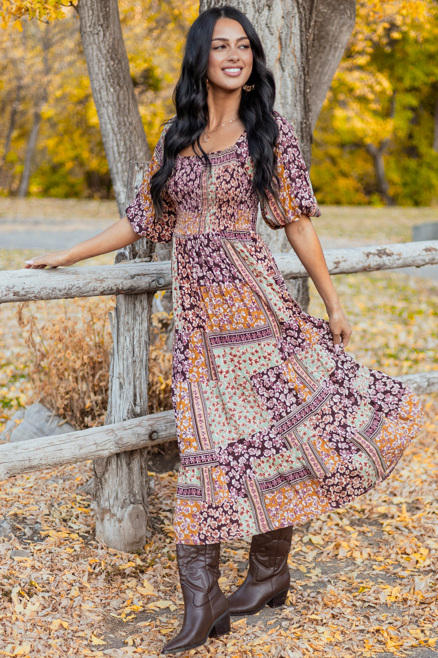 Cocoa Boho Floral Print Smocked Bodice Midi Dress