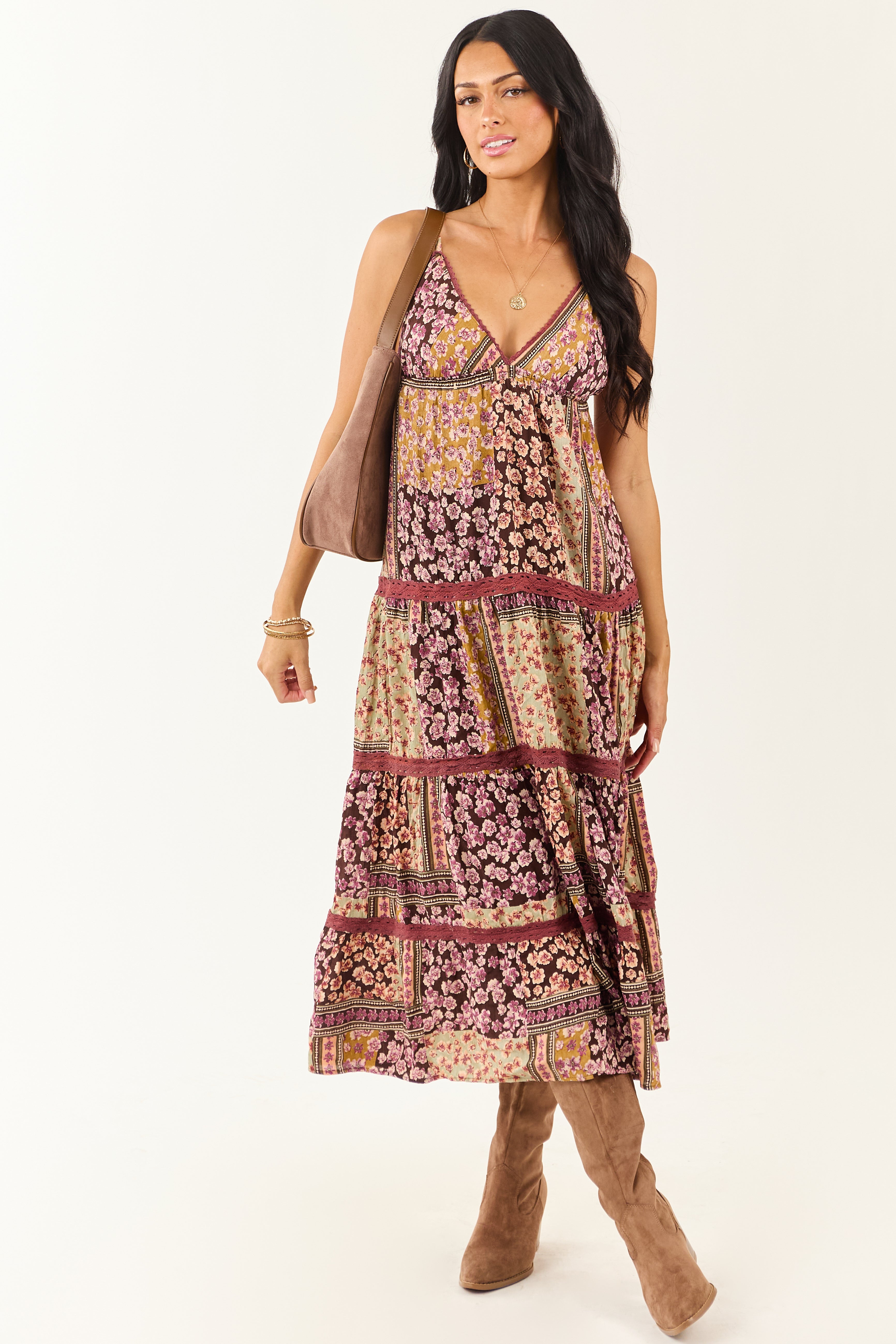 Cocoa Boho Patchwork Floral Babydoll Midi Dress Cocoa Boho Patchwork Floral Babydoll Midi Dress