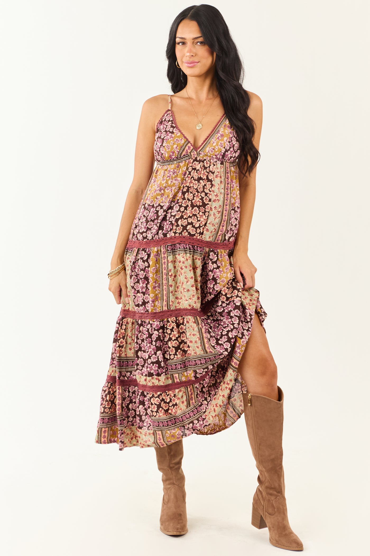 Cocoa Boho Patchwork Floral Babydoll Midi Dress Cocoa Boho Patchwork Floral Babydoll Midi Dress