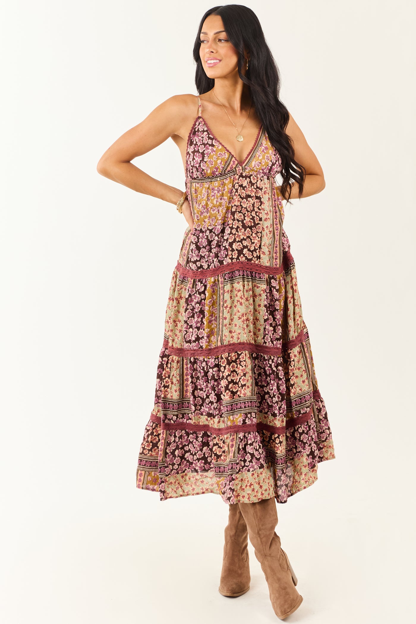 Cocoa Boho Patchwork Floral Babydoll Midi Dress