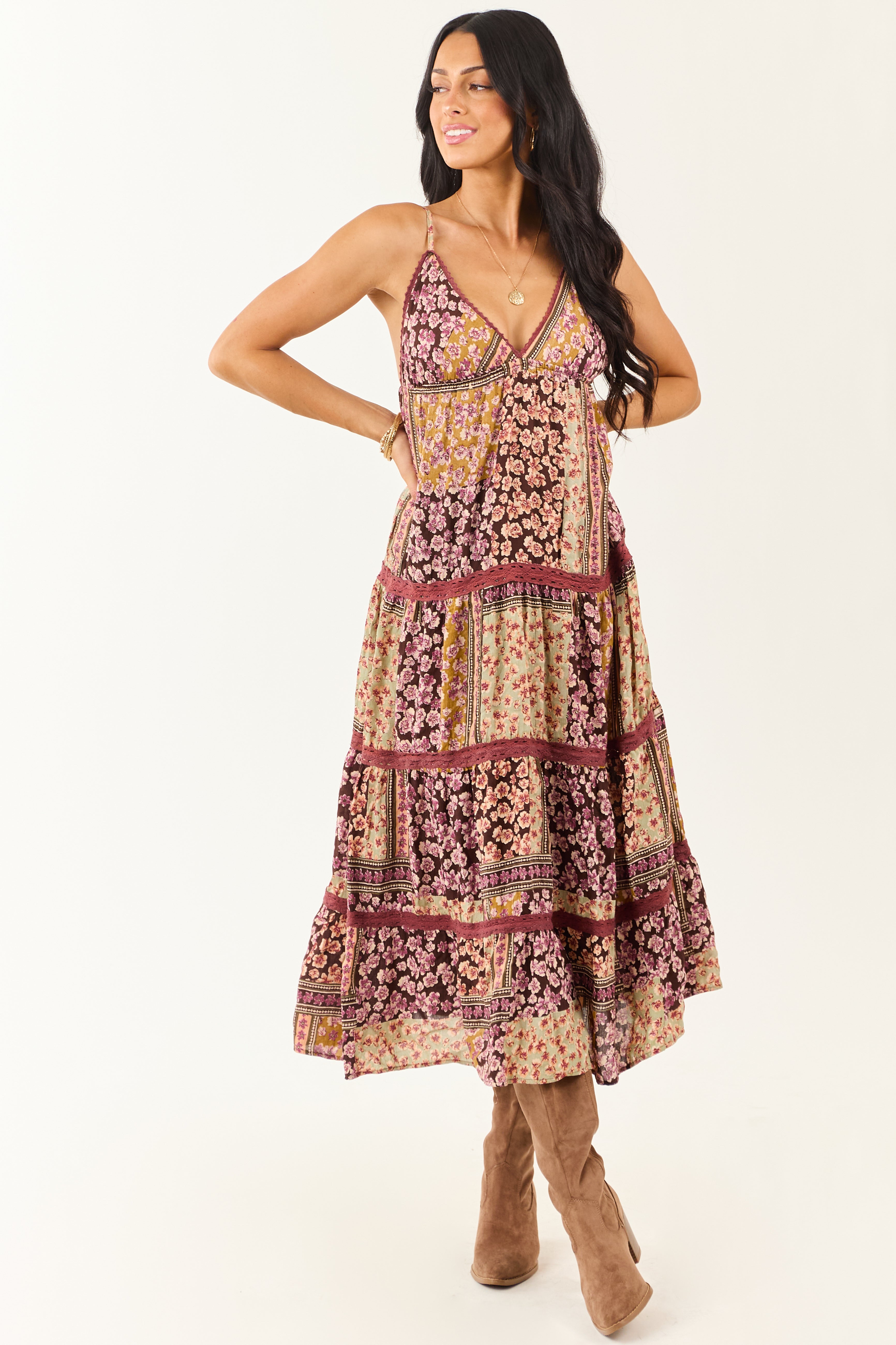 Cocoa Boho Patchwork Floral Babydoll Midi Dress