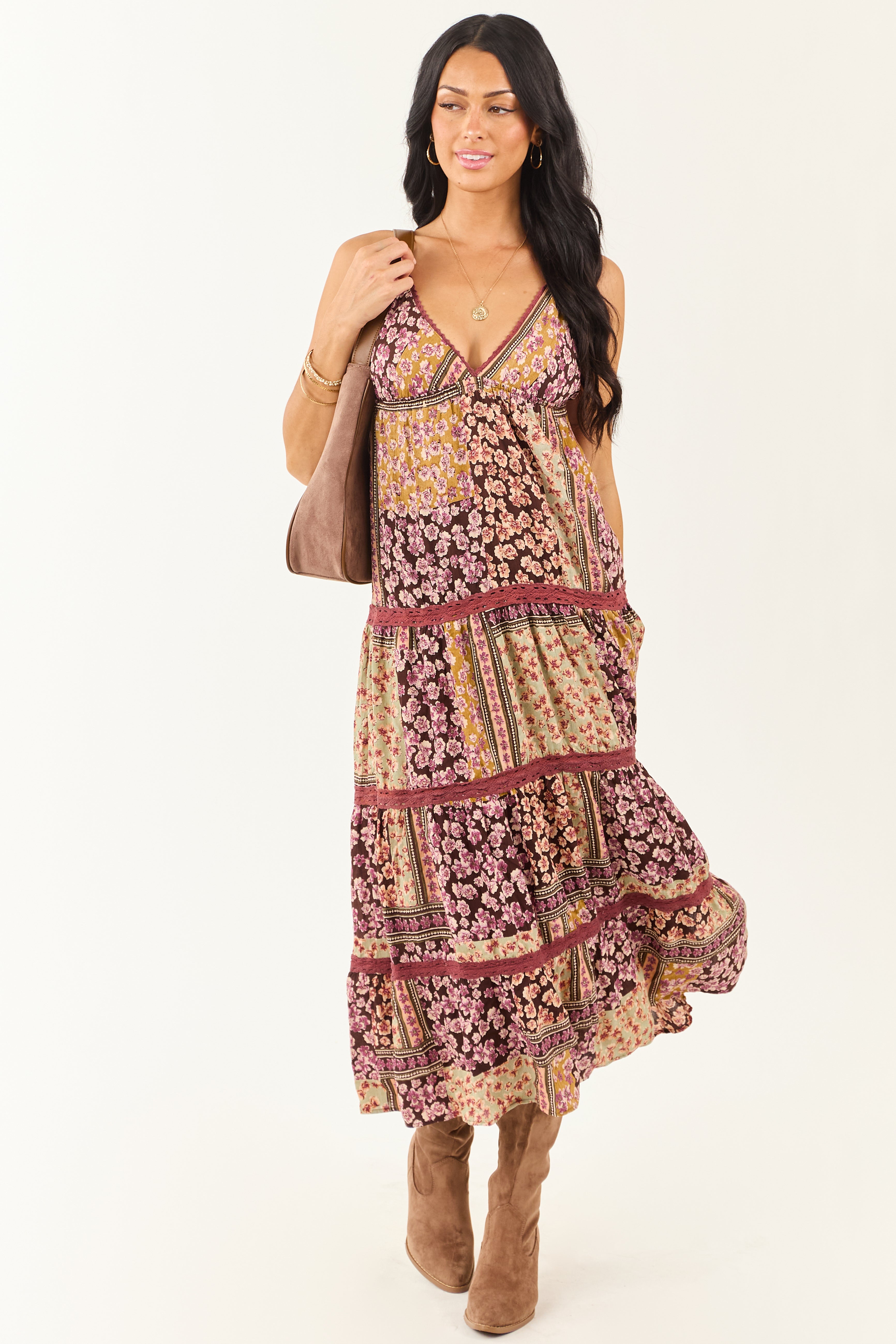 patchwork boho dress Cocoa Boho Patchwork Floral Babydoll Midi Dress