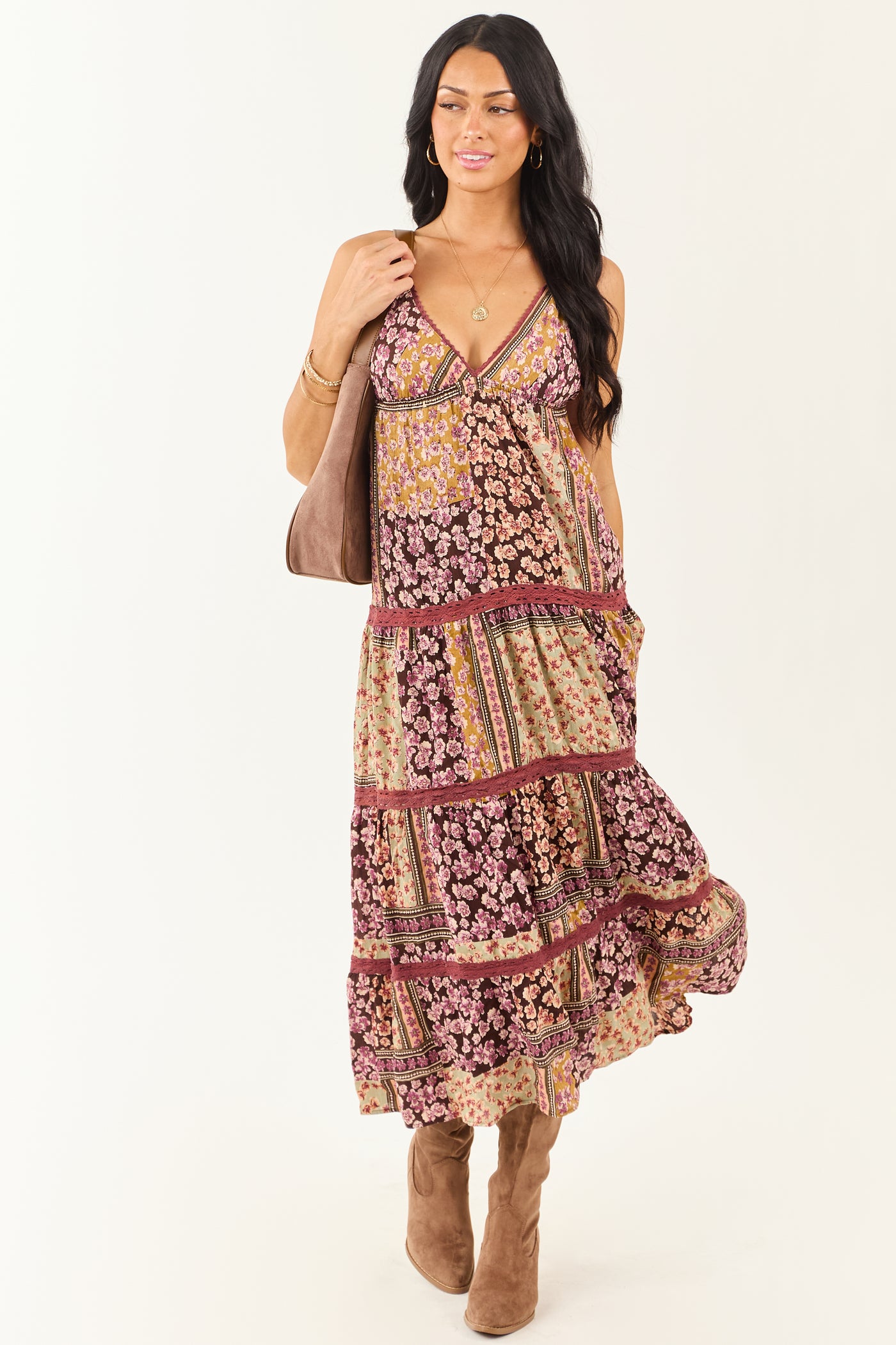 Cocoa Boho Patchwork Floral Babydoll Midi Dress