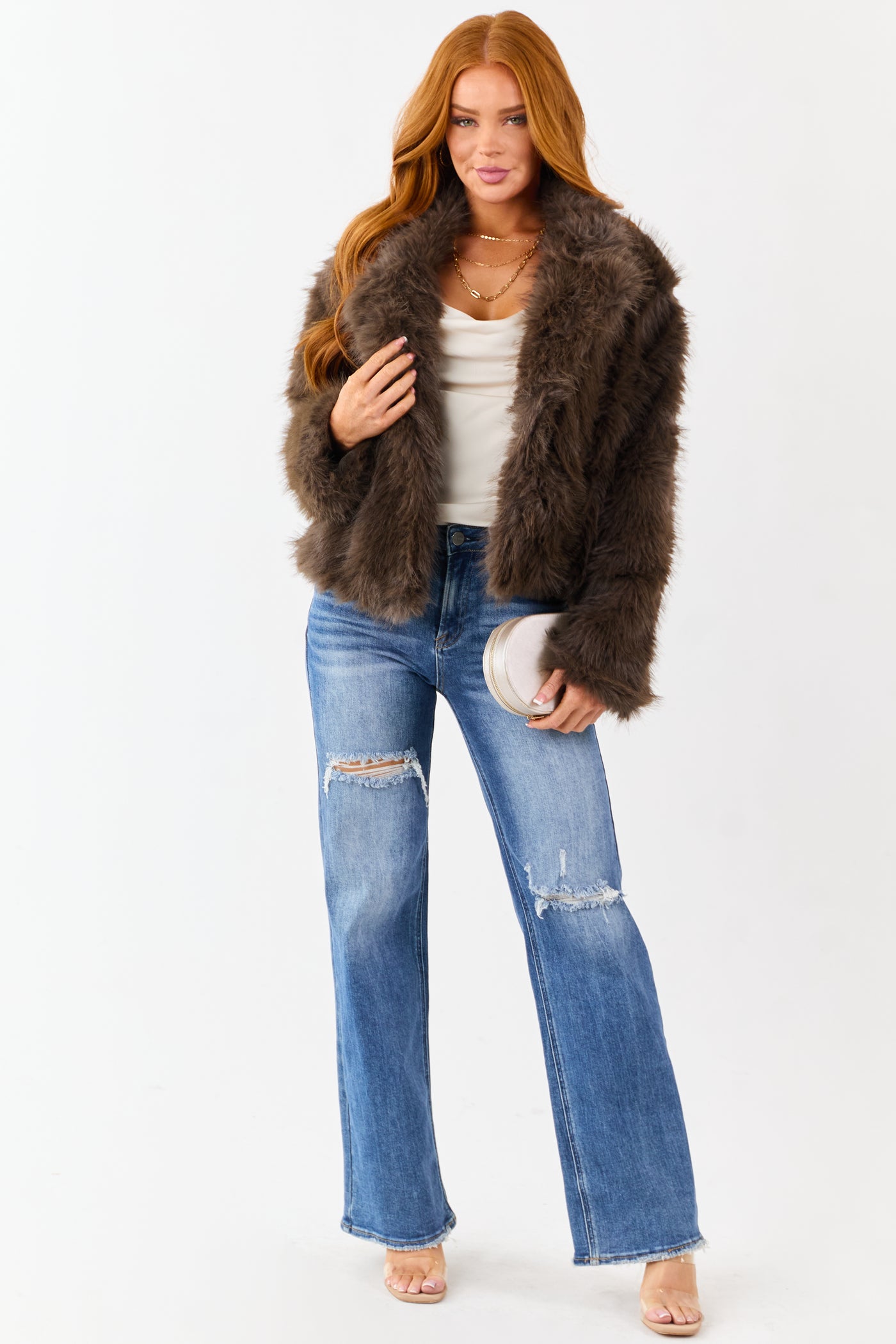Cocoa Button Down Collared Faux Fur Jacket