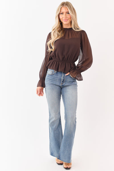 Cocoa Chiffon Peplum Ruffle Trim Long Sleeve Top