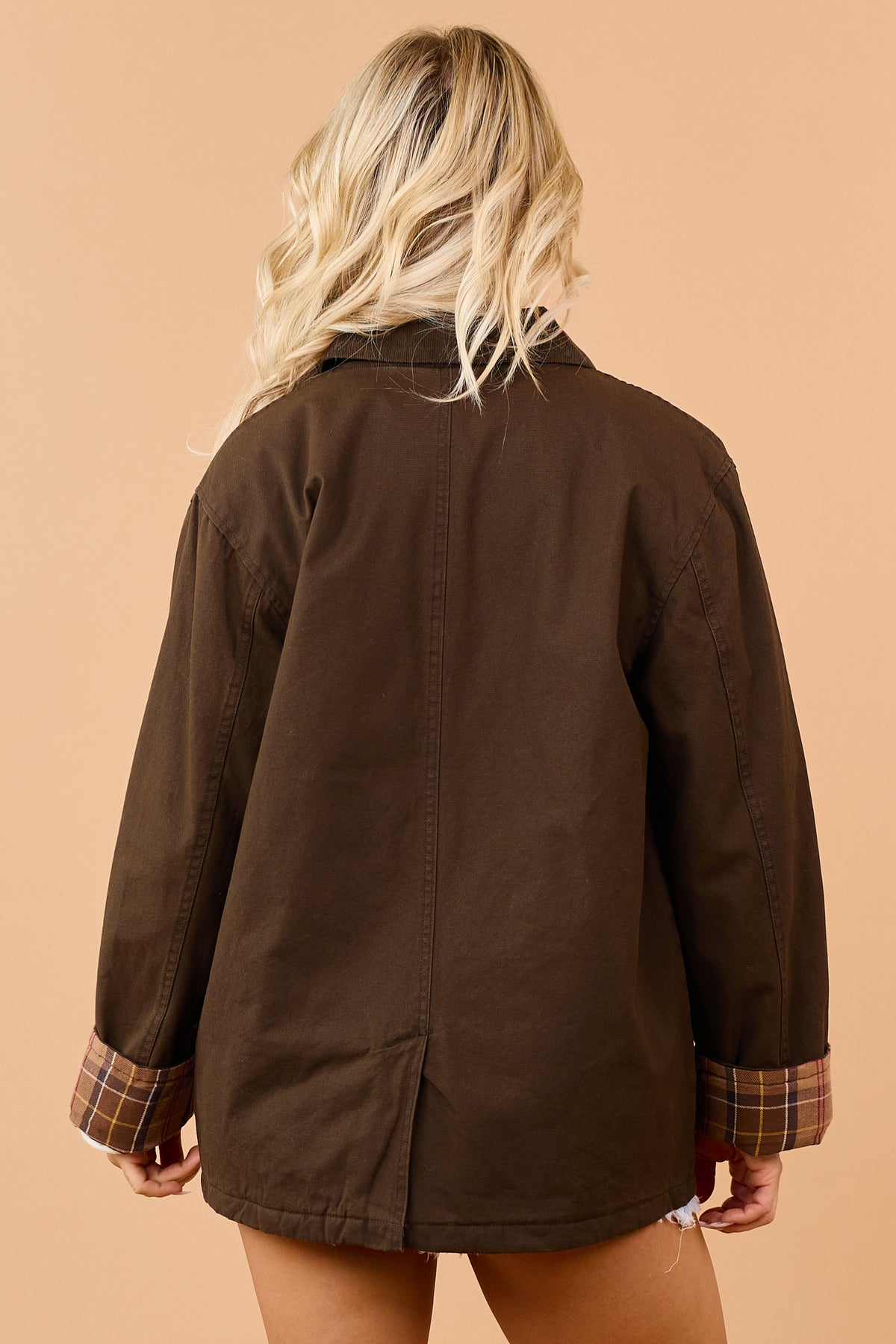 Cocoa Corduroy Plaid Contrast Zip Up Utility Jacket