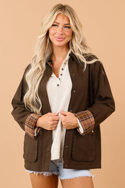 Cocoa Corduroy Plaid Contrast Zip Up Utility Jacket