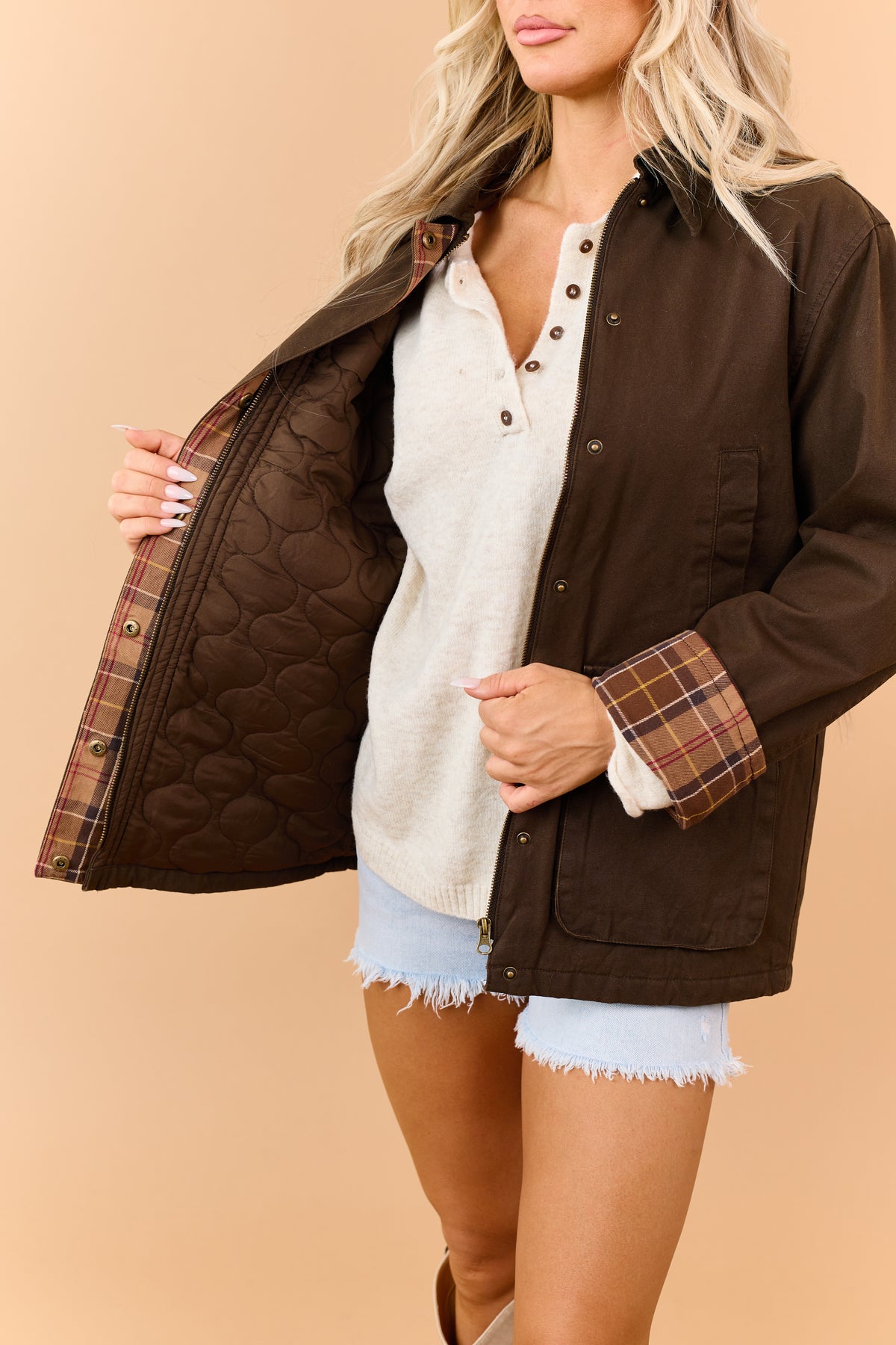 Cocoa Corduroy Plaid Contrast Zip Up Utility Jacket