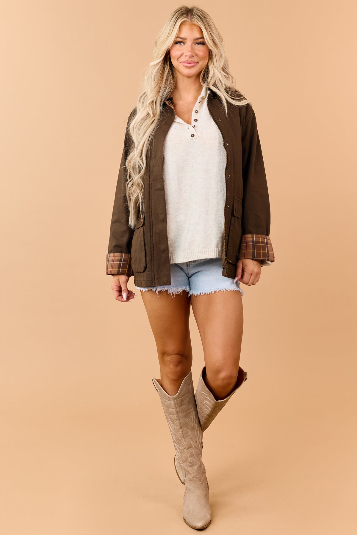 Cocoa Corduroy Plaid Contrast Zip Up Utility Jacket