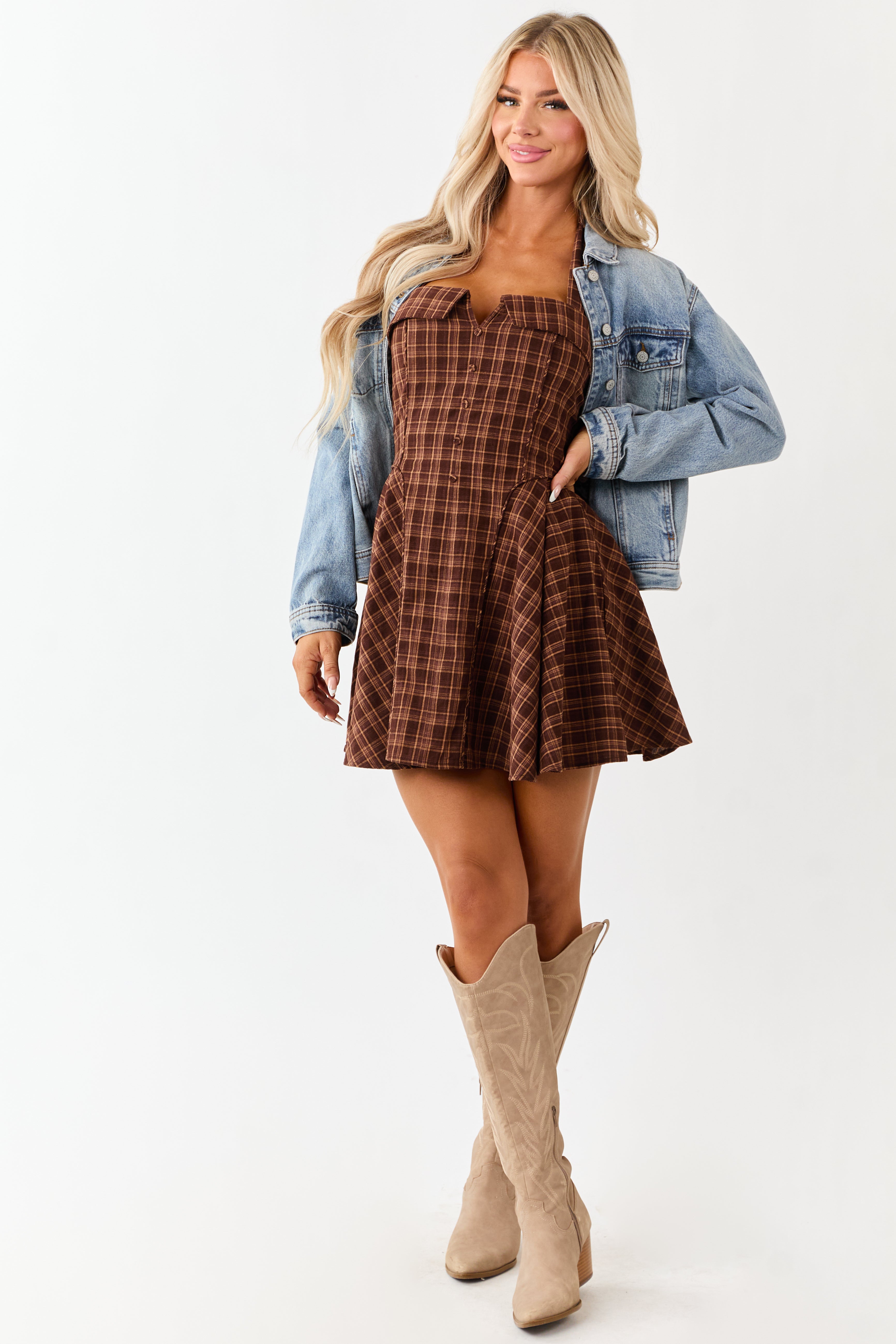 Cocoa Cotton Plaid Halter Neck Tie Mini Dress