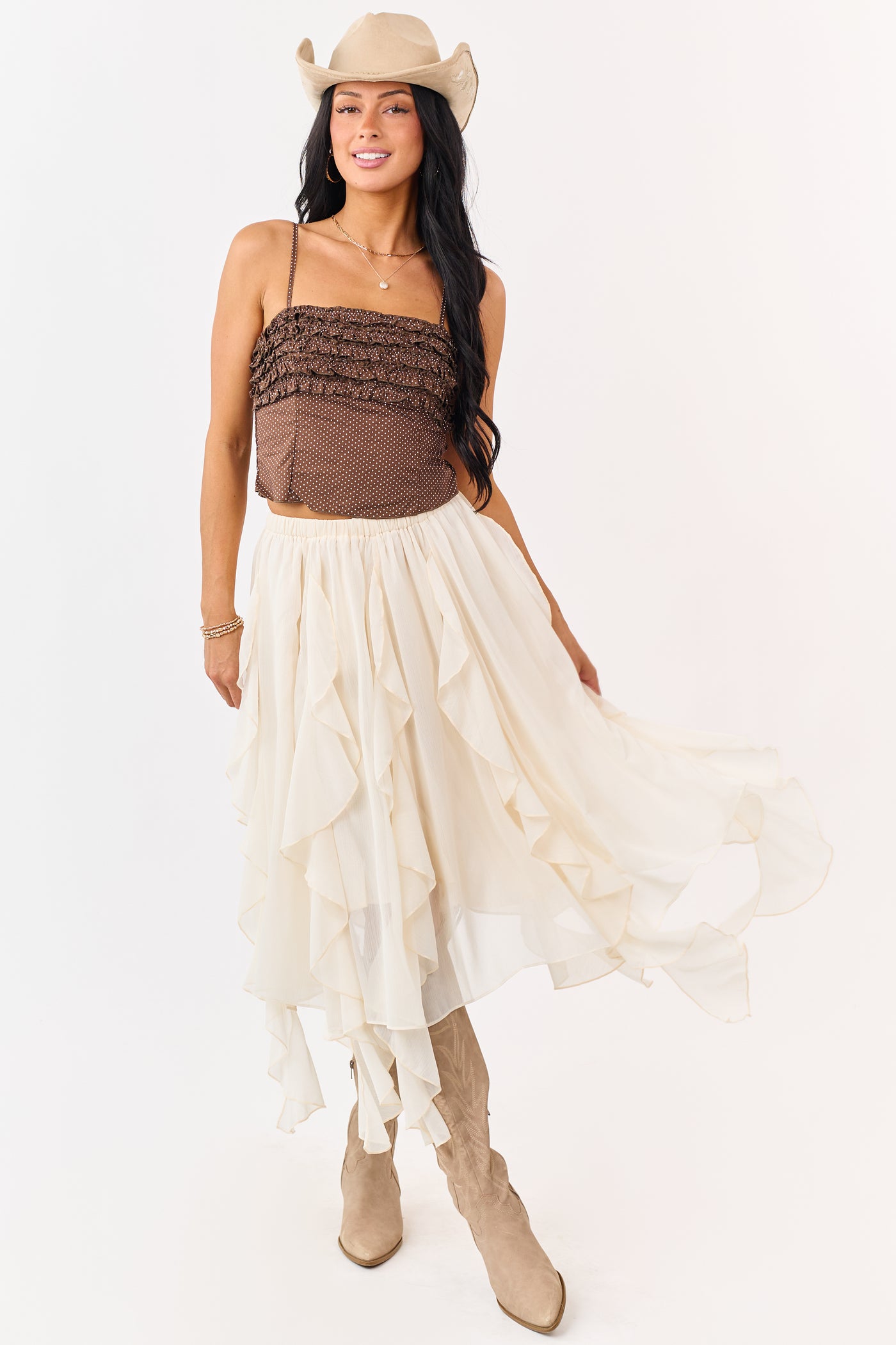 Cocoa Cotton Polka Dot Ruffled Smocked Cami Top