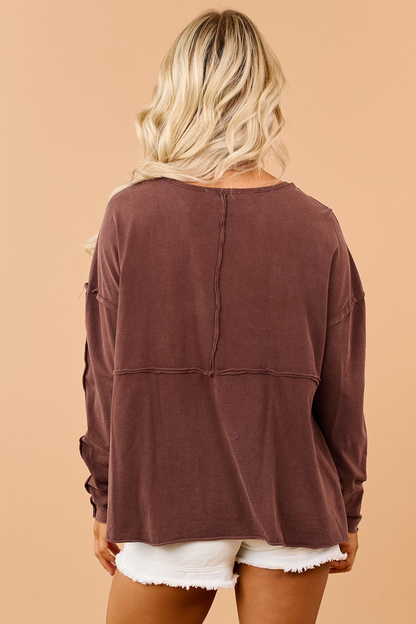 Cocoa Cotton Raw Seam Henley Long Sleeve Top