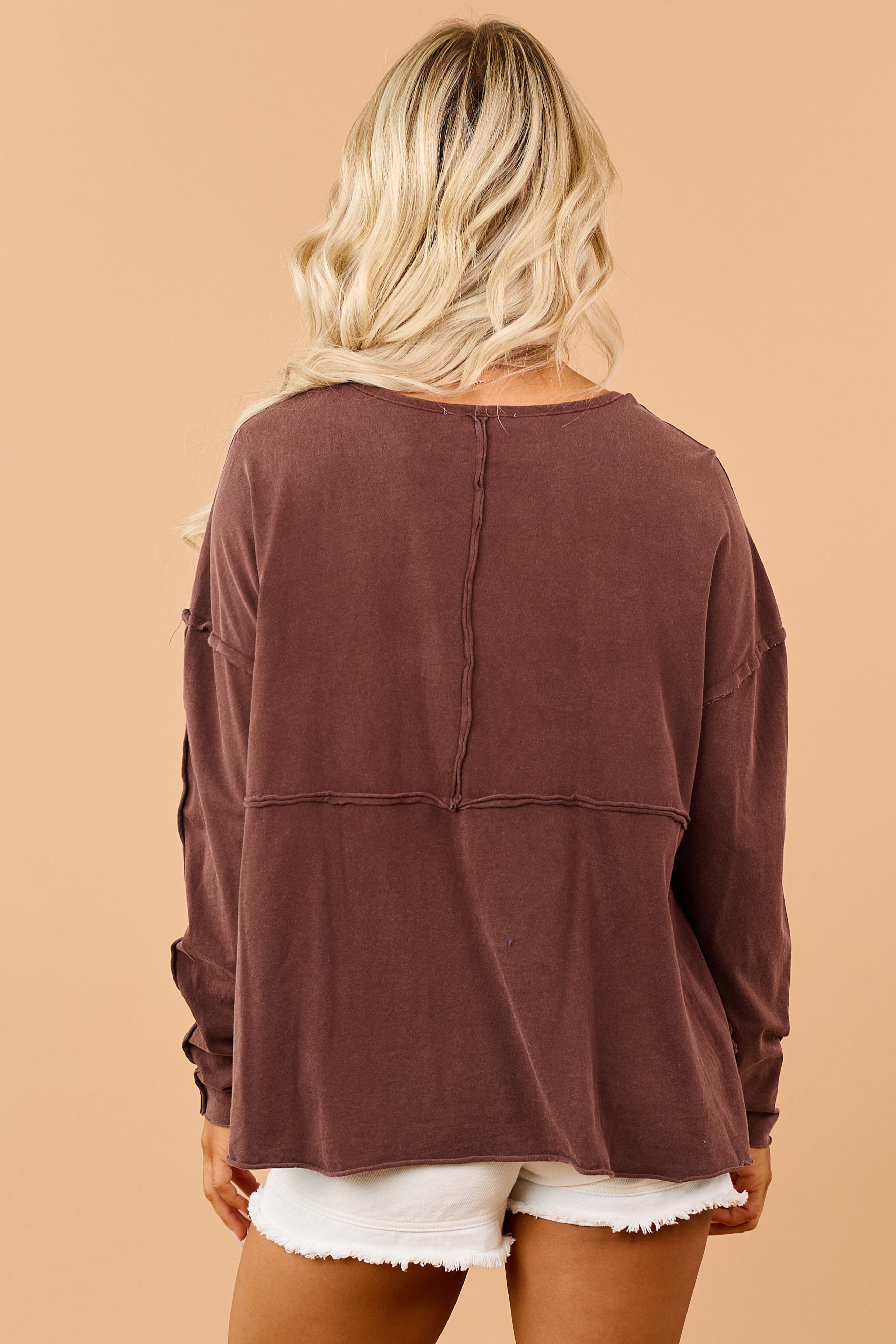 Cocoa Cotton Raw Seam Henley Long Sleeve Top