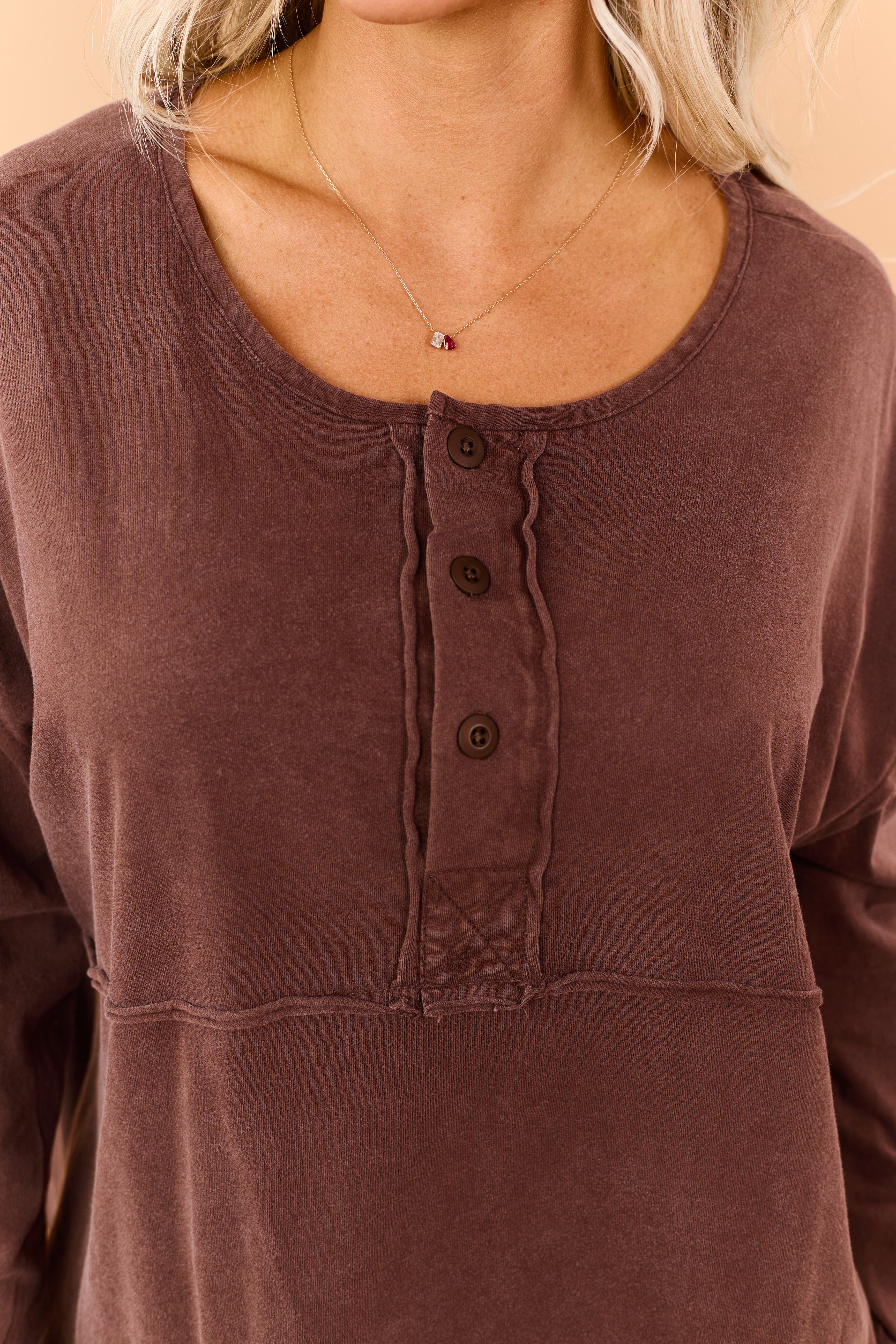Cocoa Cotton Raw Seam Henley Long Sleeve Top