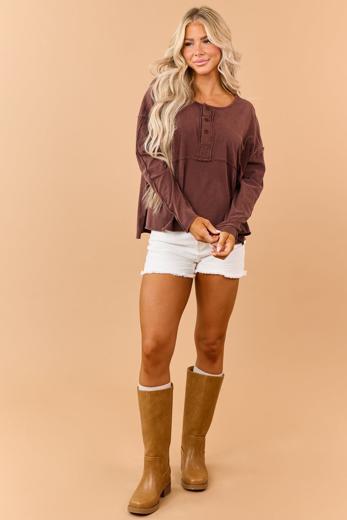Cocoa Cotton Raw Seam Henley Long Sleeve Top