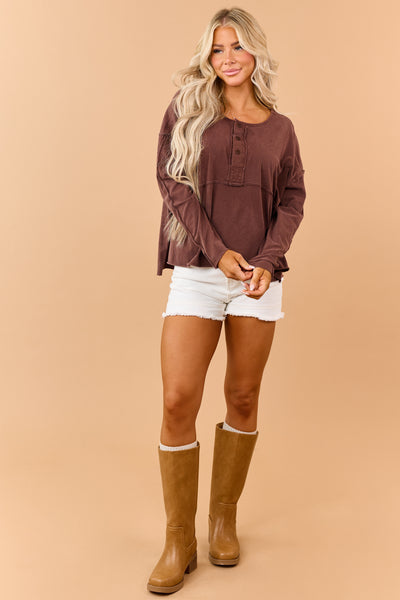 Cocoa Cotton Raw Seam Henley Long Sleeve Top