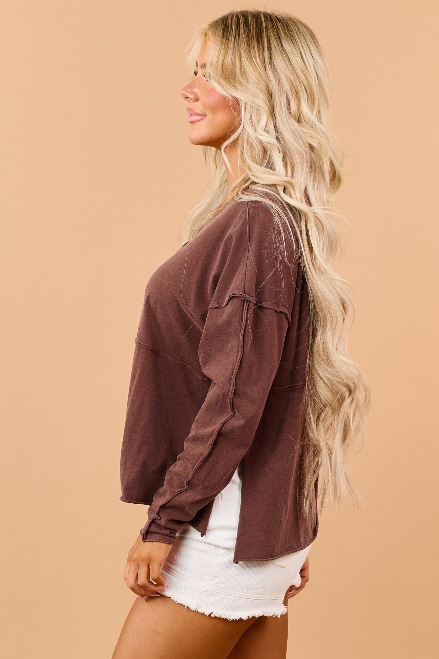 Cocoa Cotton Raw Seam Henley Long Sleeve Top