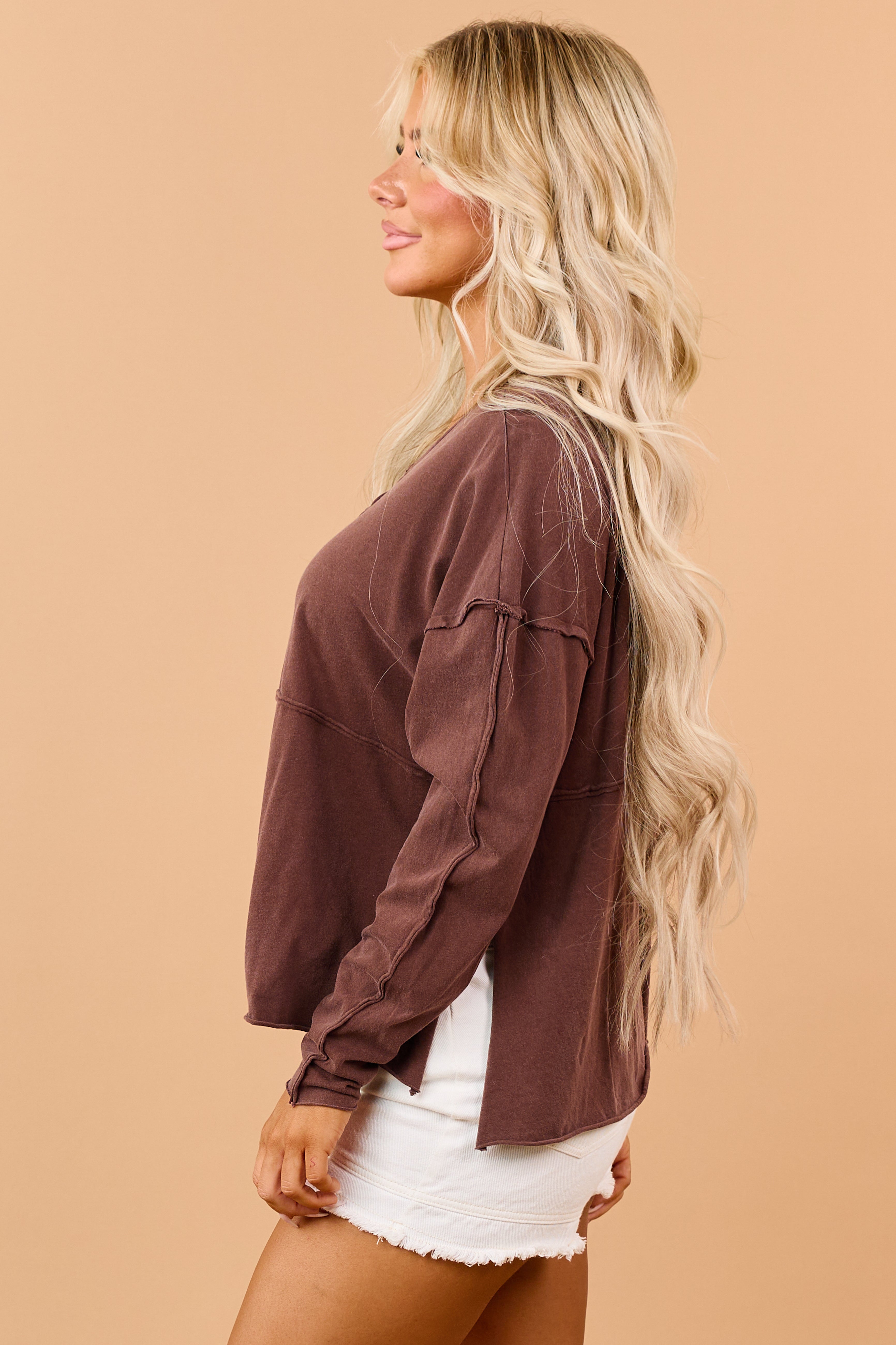 Cocoa Cotton Raw Seam Henley Long Sleeve Top