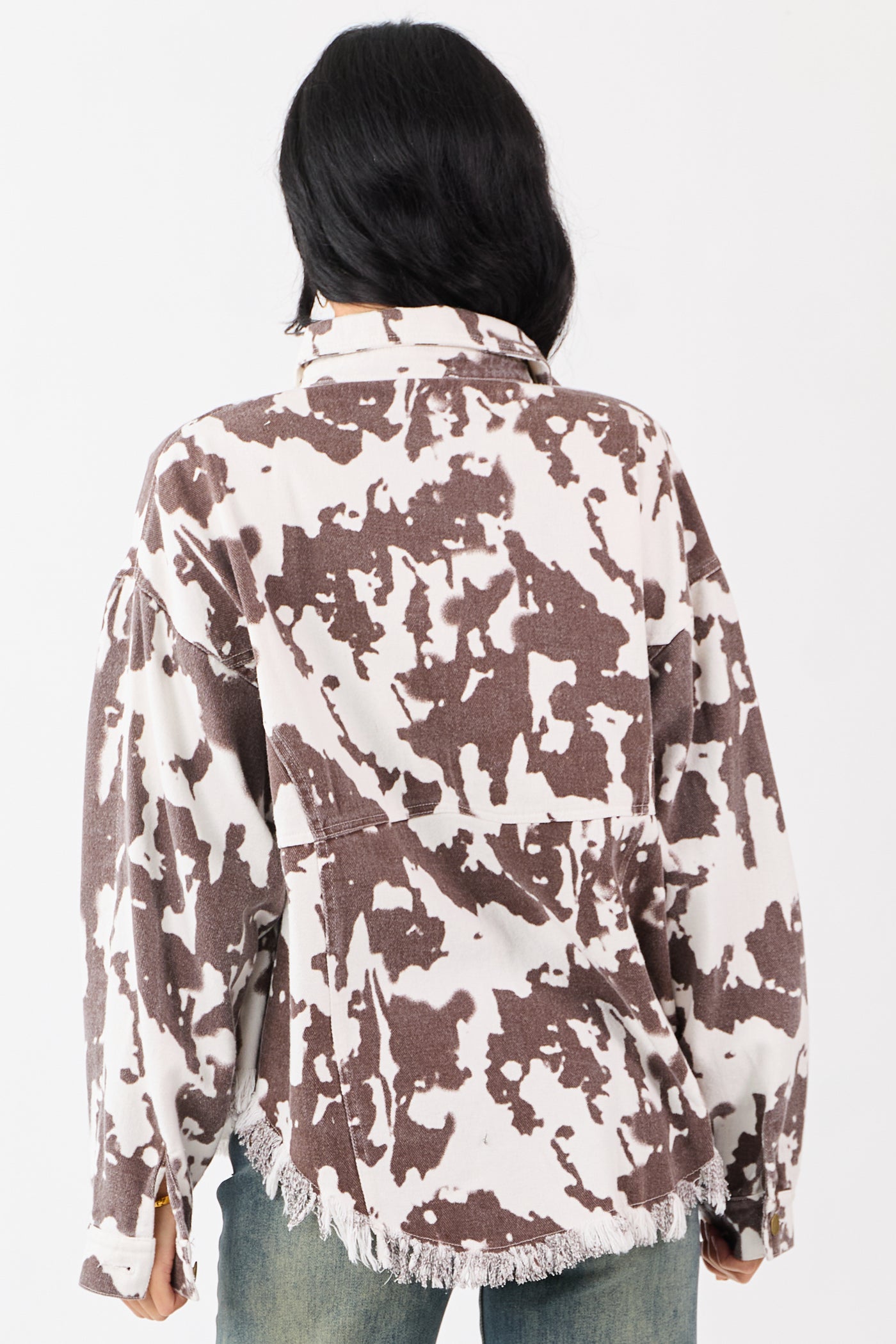 Cocoa Cow Print Denim Fringe Hem Button Down Shacket