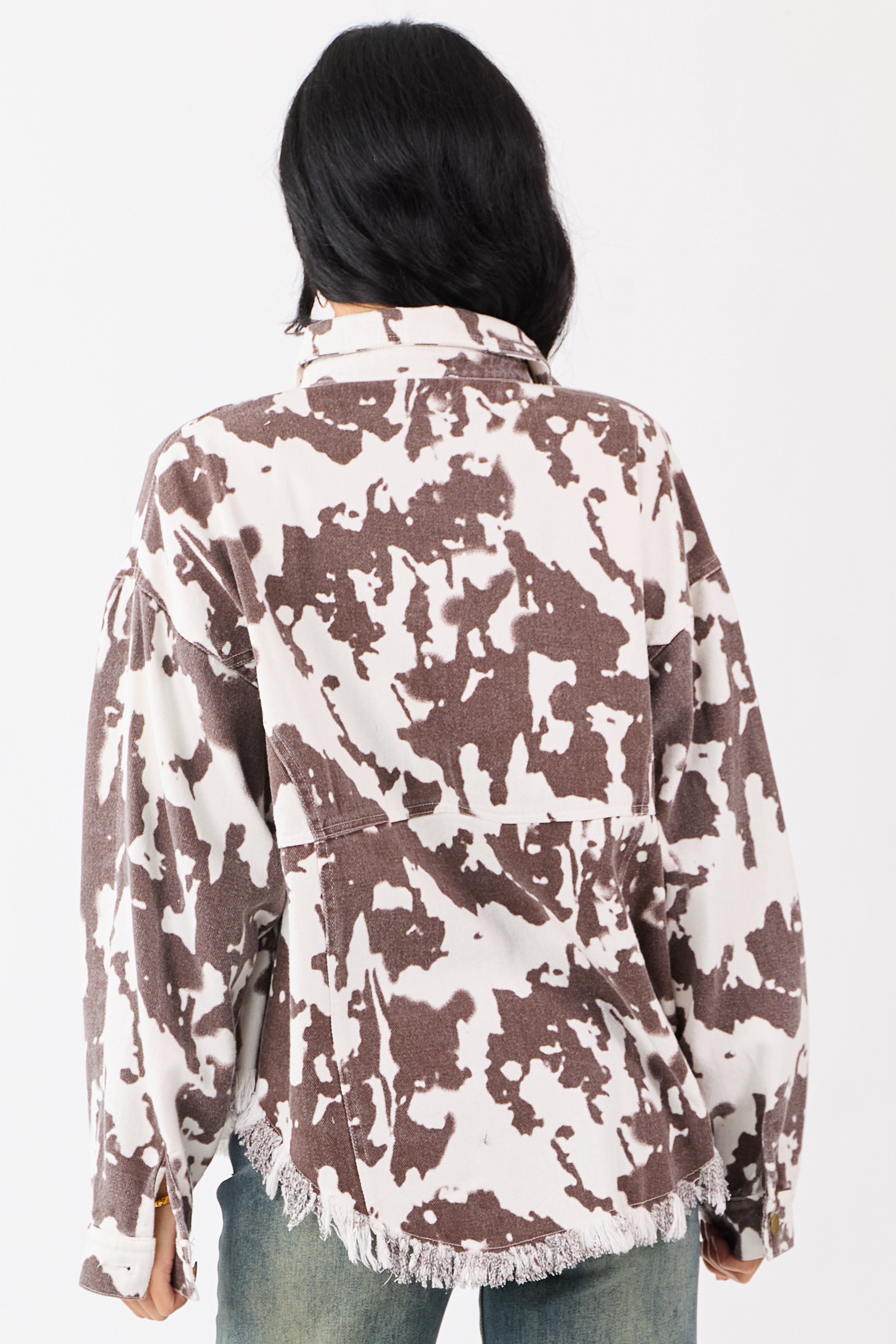 Cocoa Cow Print Denim Fringe Hem Button Down Shacket