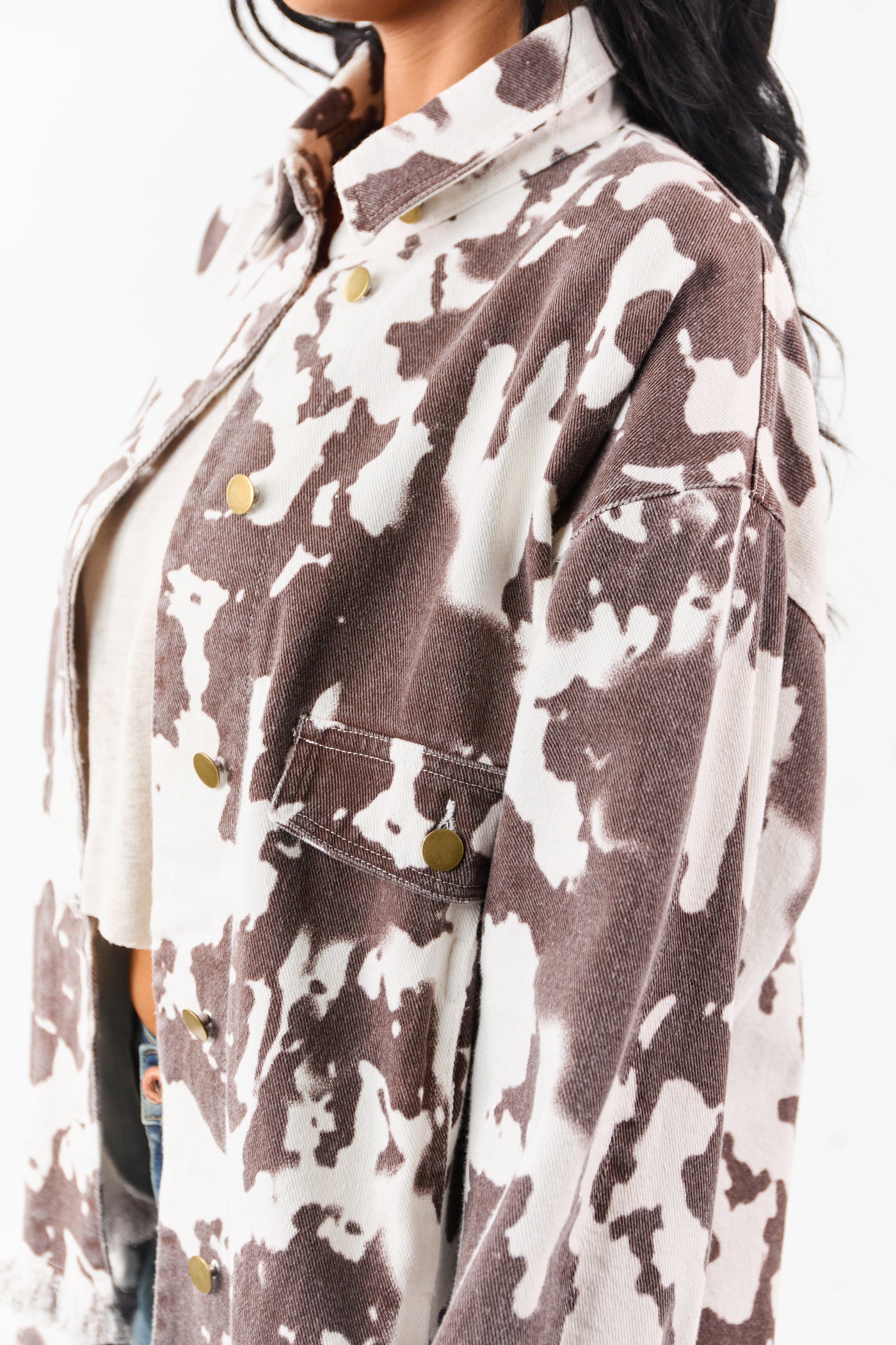 Cocoa Cow Print Denim Fringe Hem Button Down Shacket