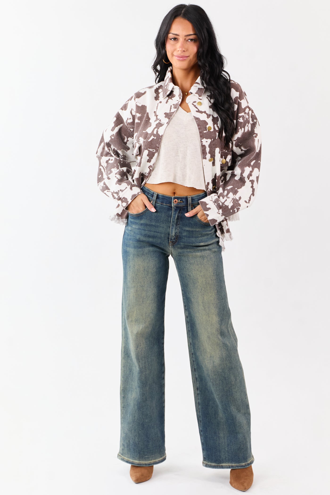 Cocoa Cow Print Denim Fringe Hem Button Down Shacket