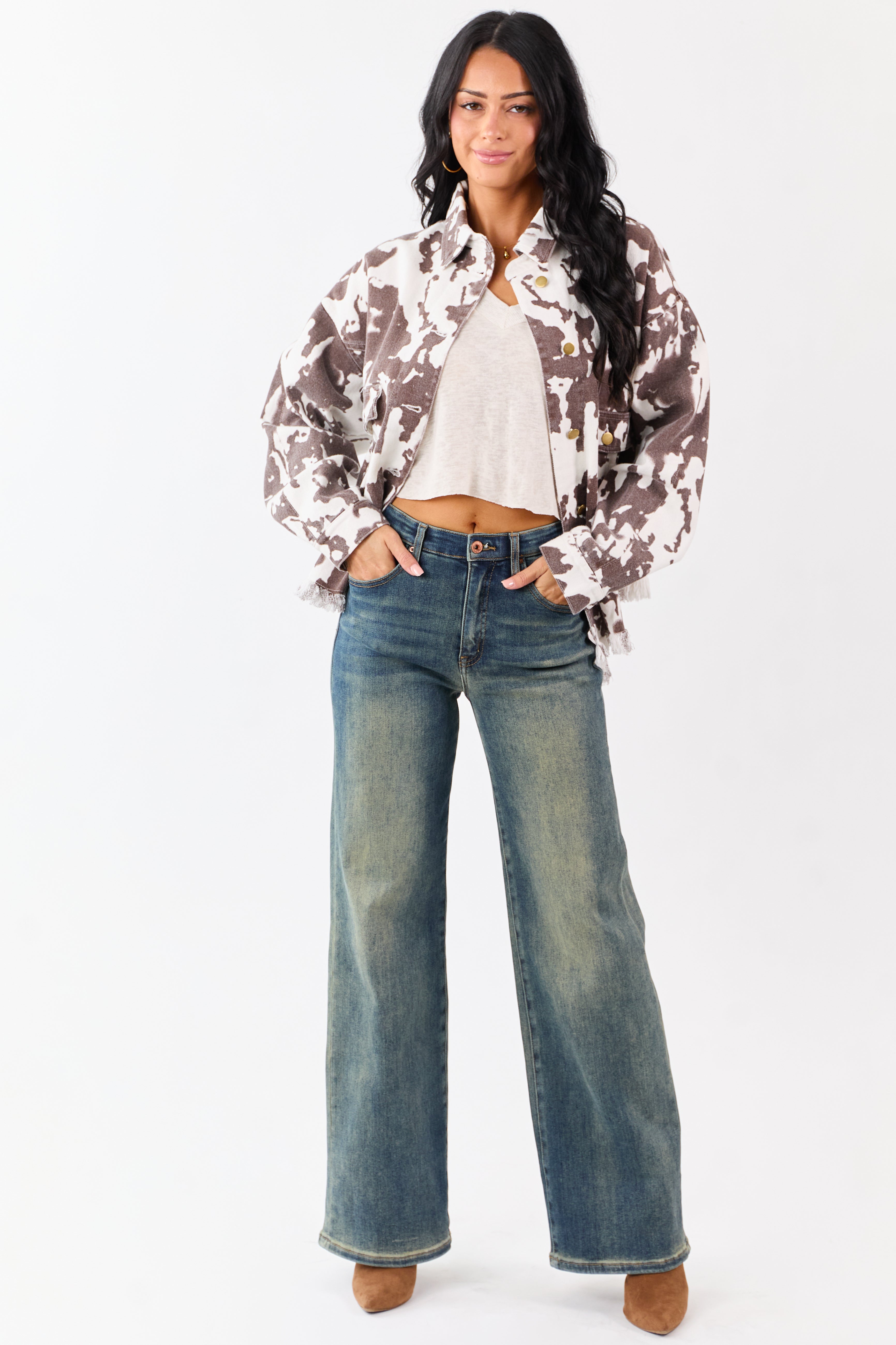 Cocoa Cow Print Denim Fringe Hem Button Down Shacket