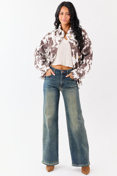 Cocoa Cow Print Denim Fringe Hem Button Down Shacket