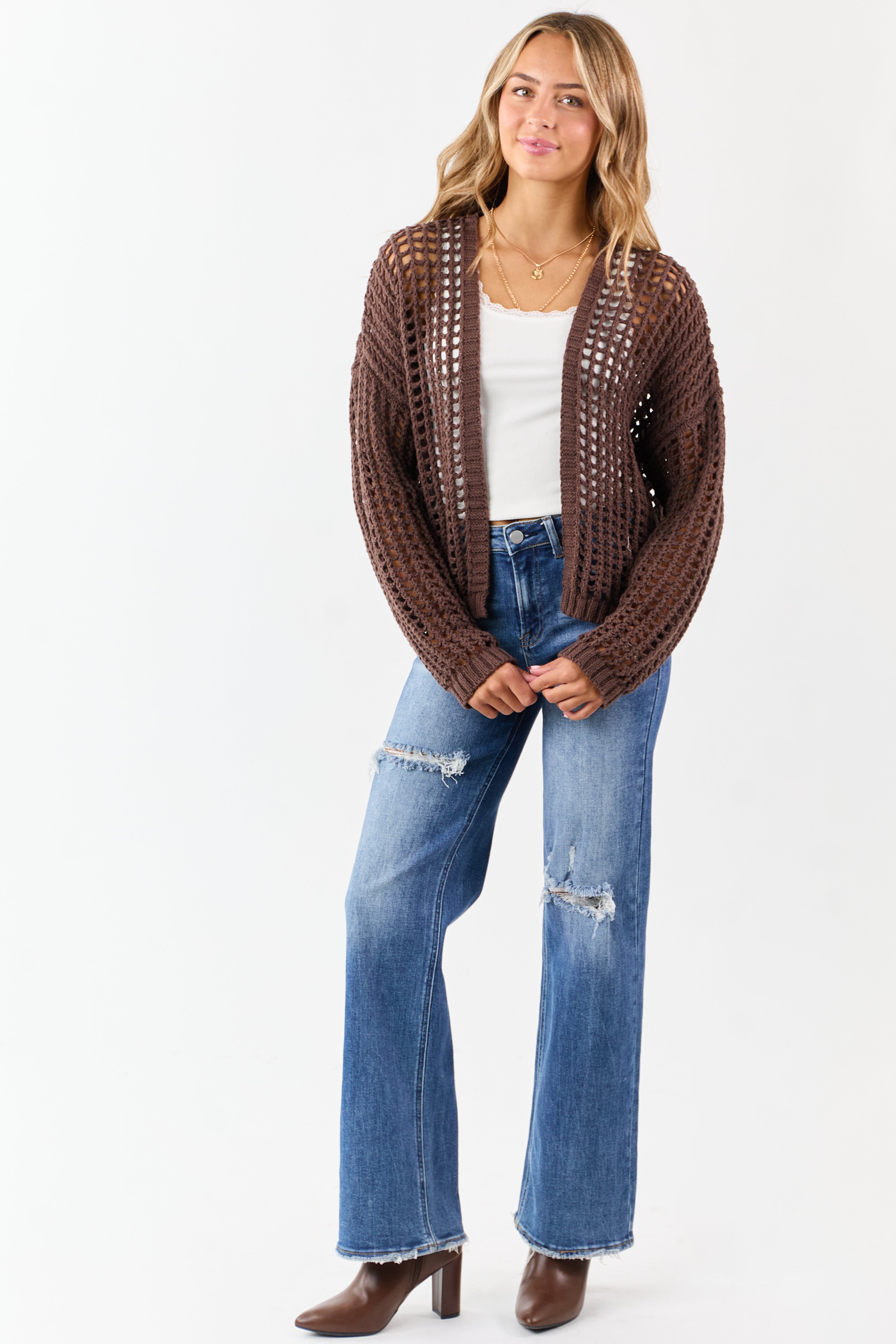 Cocoa Crochet Knit Open Front Cardigan