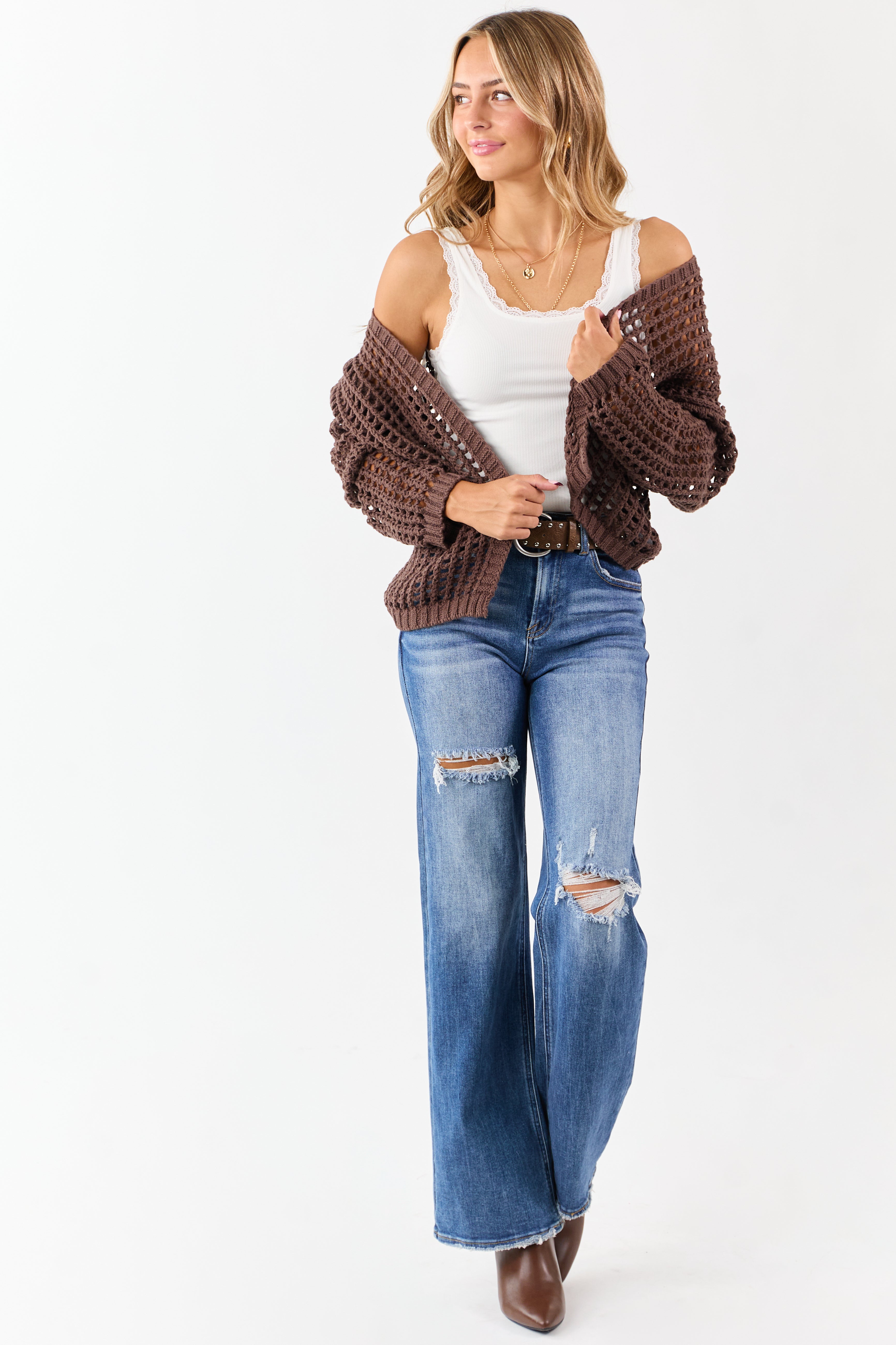 Cocoa Crochet Knit Open Front Cardigan