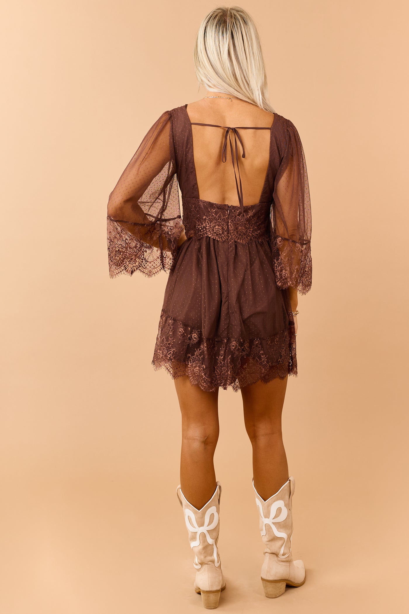 Cocoa Dotted Mesh Lace Trim Deep V Mini Dress