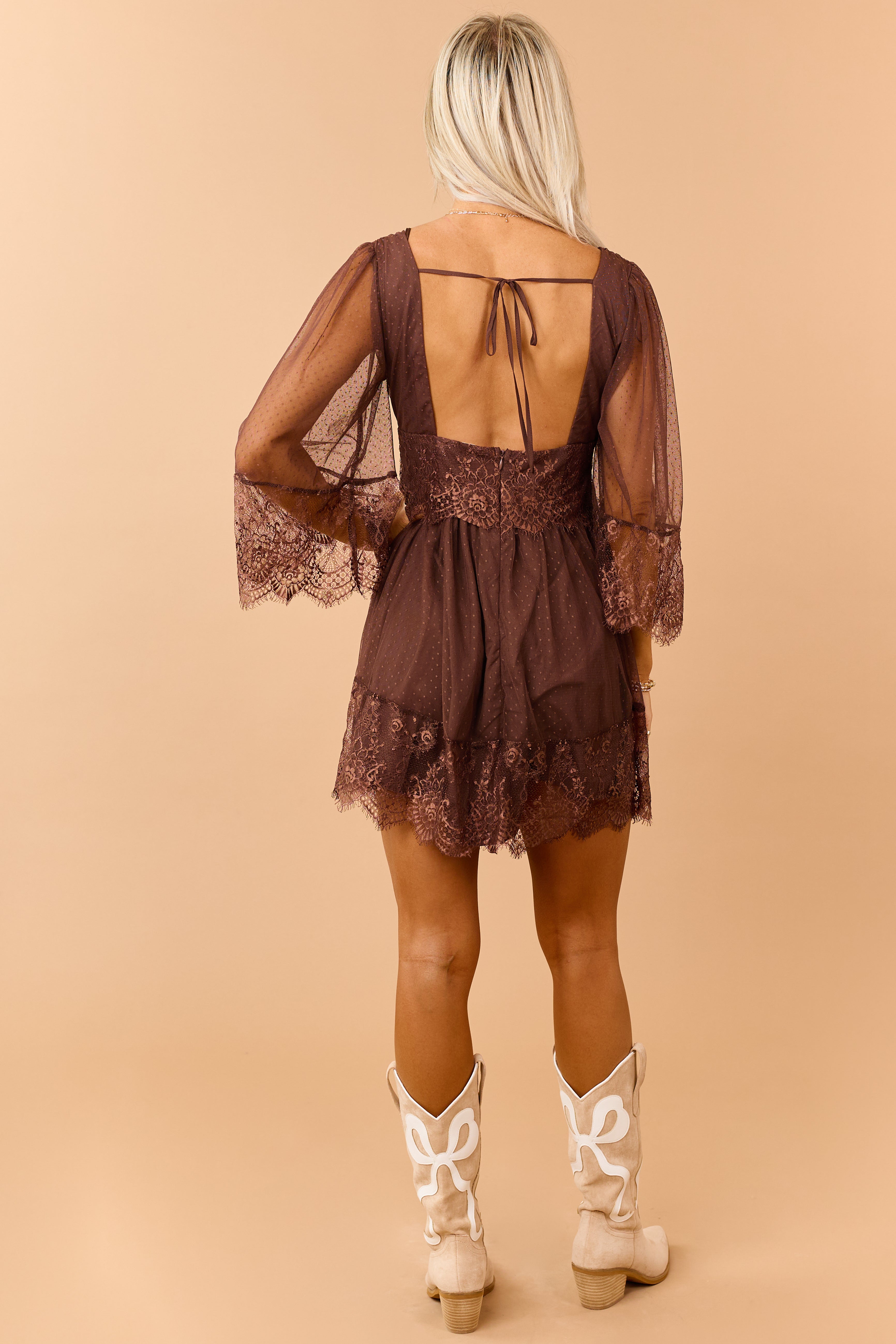 Cocoa Dotted Mesh Lace Trim Deep V Mini Dress