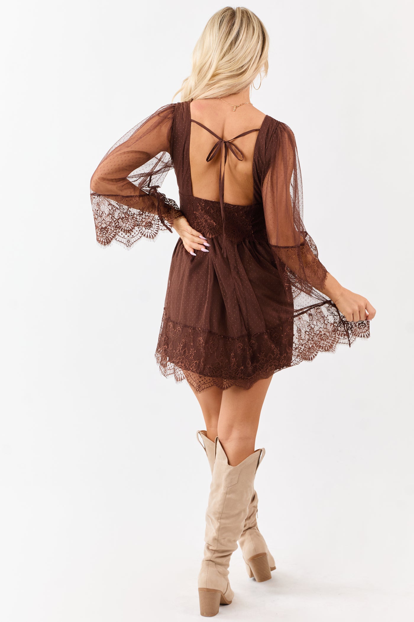 Cocoa Dotted Mesh Lace Trim Deep V Mini Dress