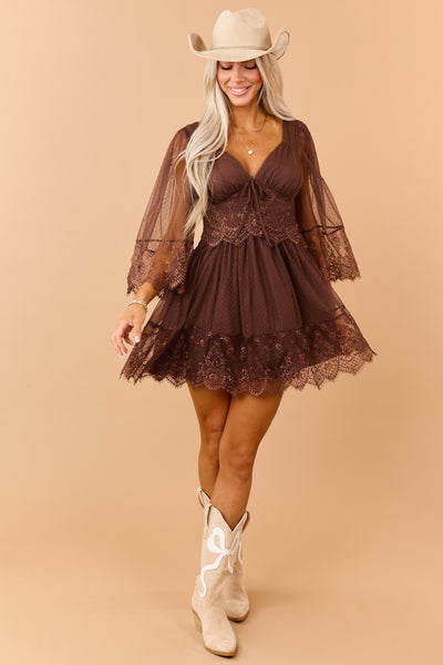Cocoa Dotted Mesh Lace Trim Deep V Mini Dress