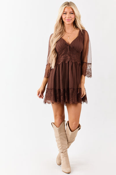 Cocoa Dotted Mesh Lace Trim Deep V Mini Dress