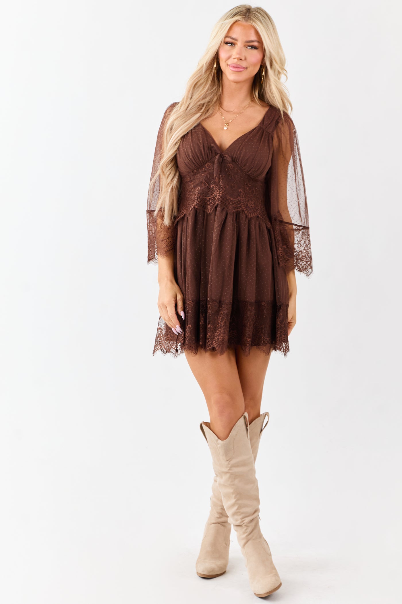 Cocoa Dotted Mesh Lace Trim Deep V Mini Dress