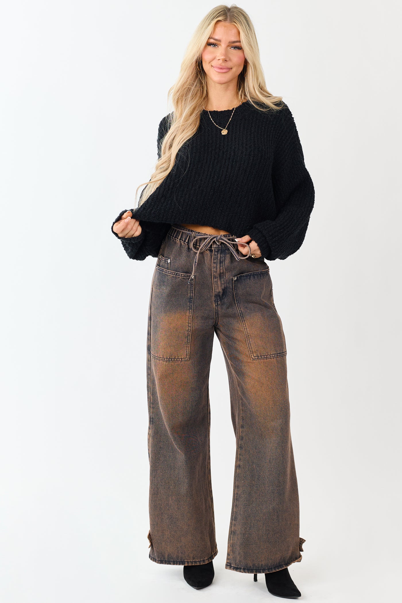 Cocoa Faded Wash Wide Leg High Rise Jeans