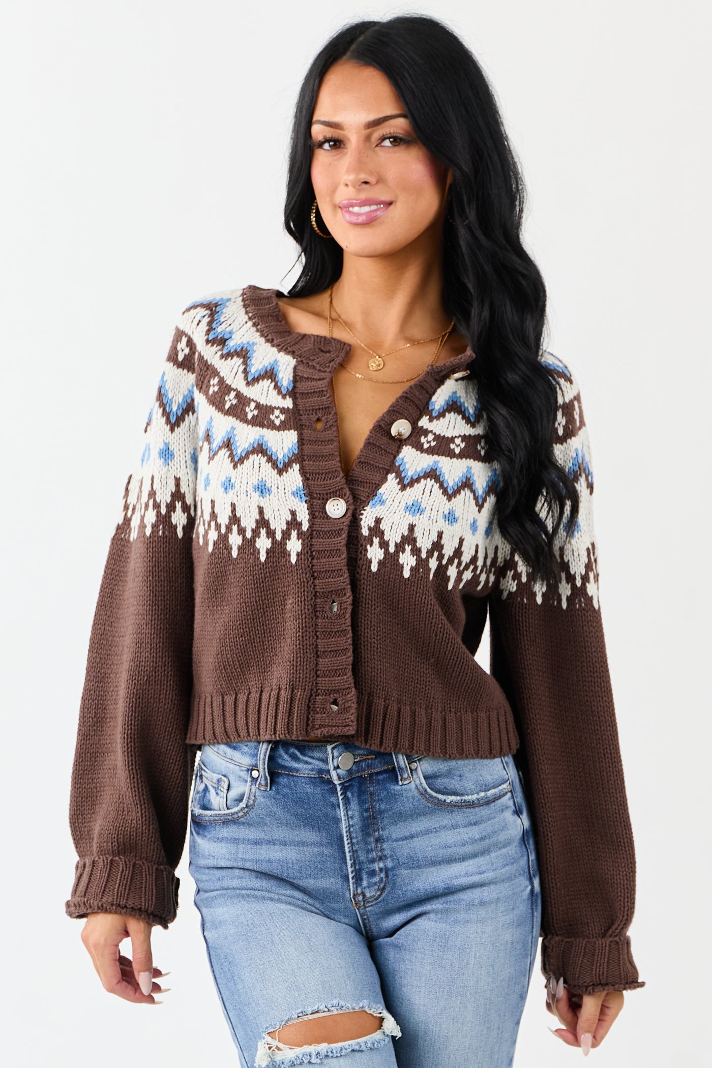 Cocoa Fair Isle Print Button Down Cardigan