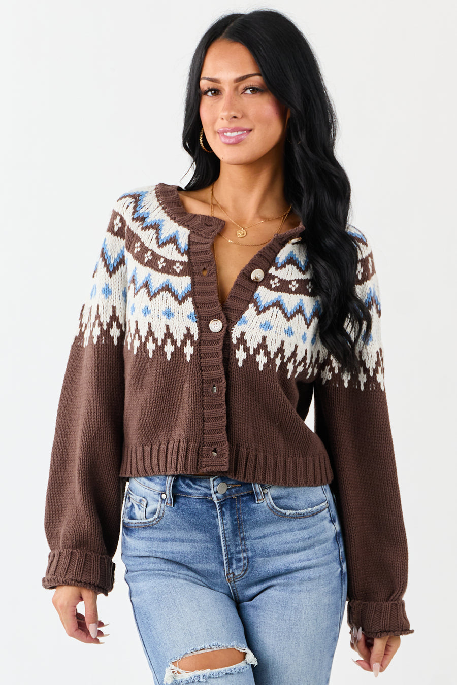 Cocoa Fair Isle Print Button Down Cardigan